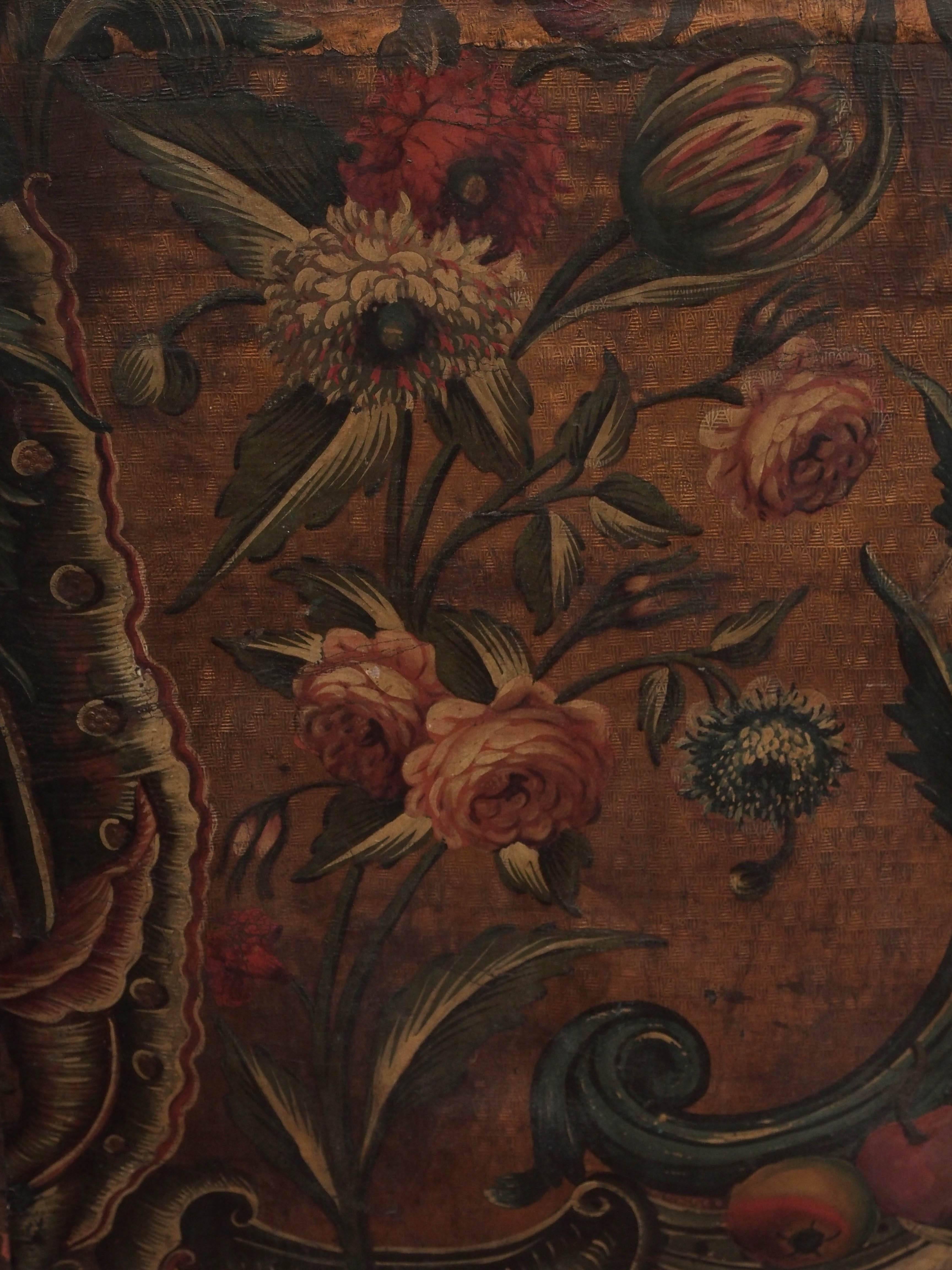 Baroque 18th Century Polychrome, Embossed Four-Panel Leather Screen For Sale