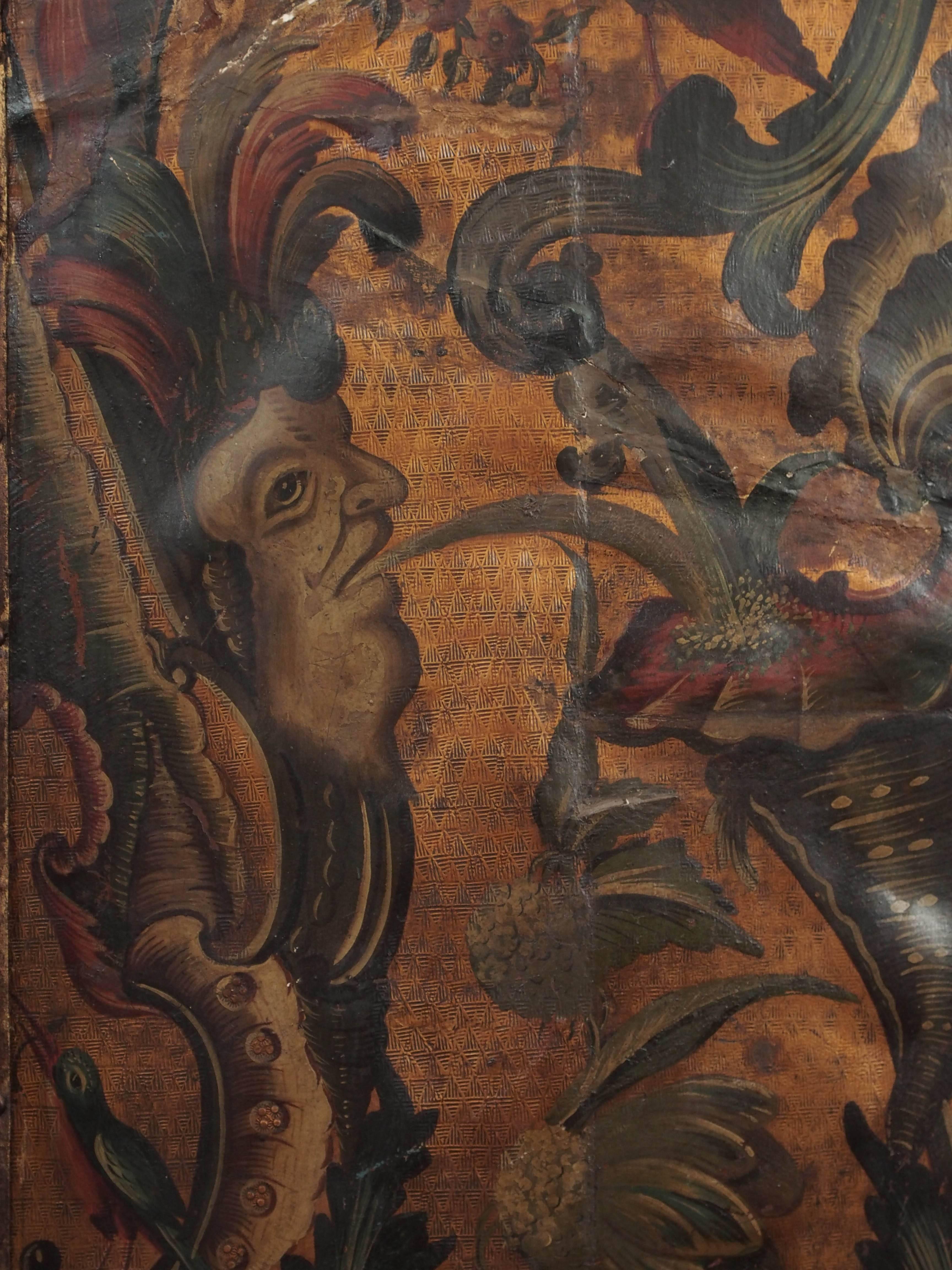 French 18th Century Polychrome, Embossed Four-Panel Leather Screen For Sale