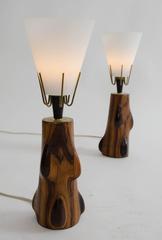 Pair of Table Lamps with Glass Shades and Exotic Hardwood Bases, circa 1965