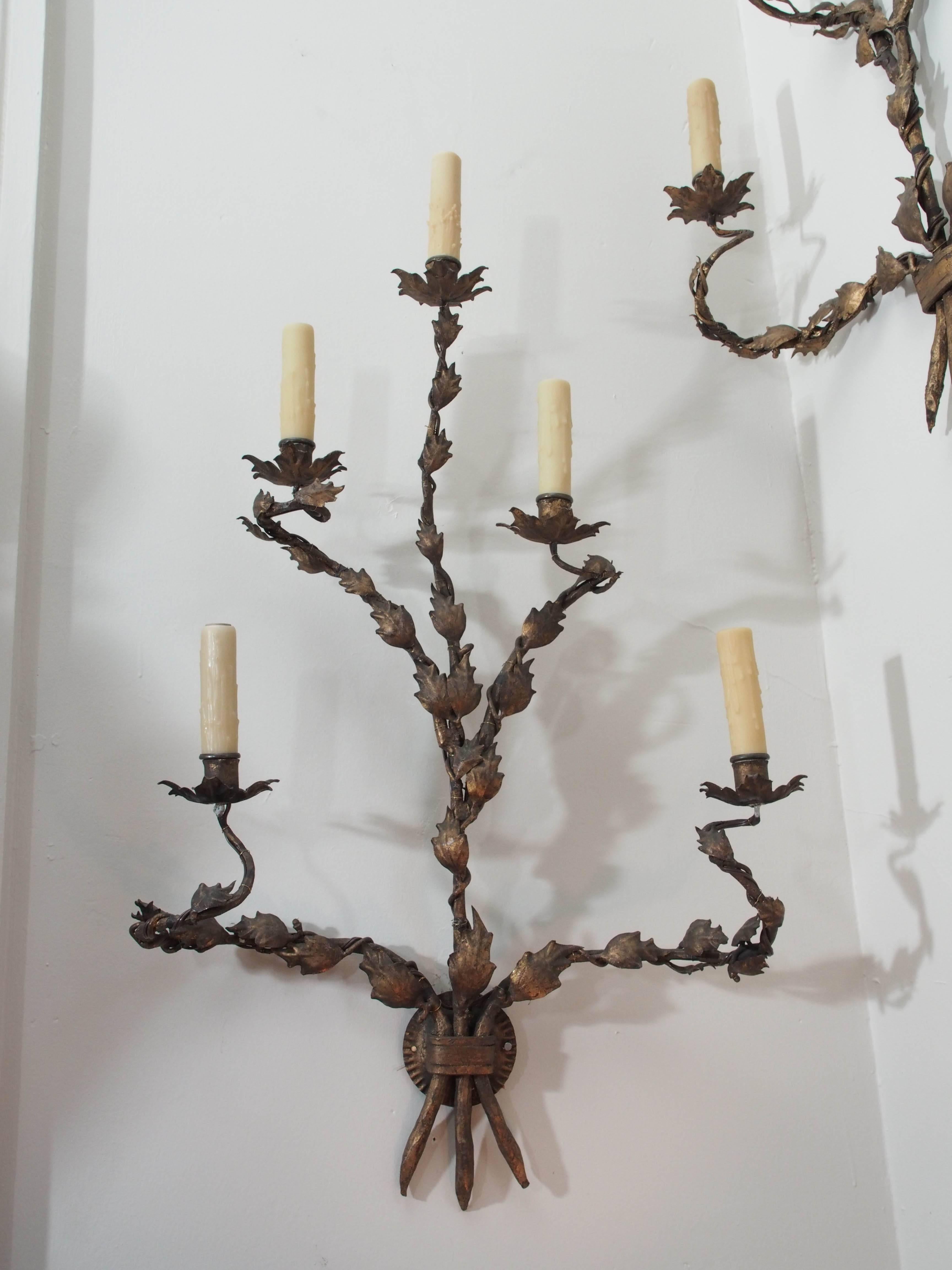 Pair of  19th Century coppered bronze sconces. 5 lights each. US Wired
Foliage design