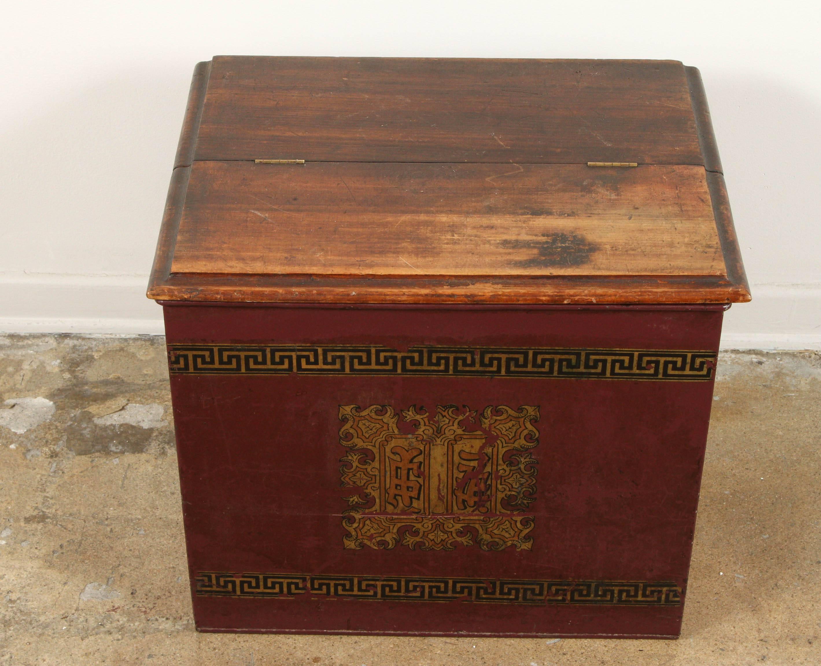 Late Victorian Late 19th Century English Tin and Wood Storage Box 