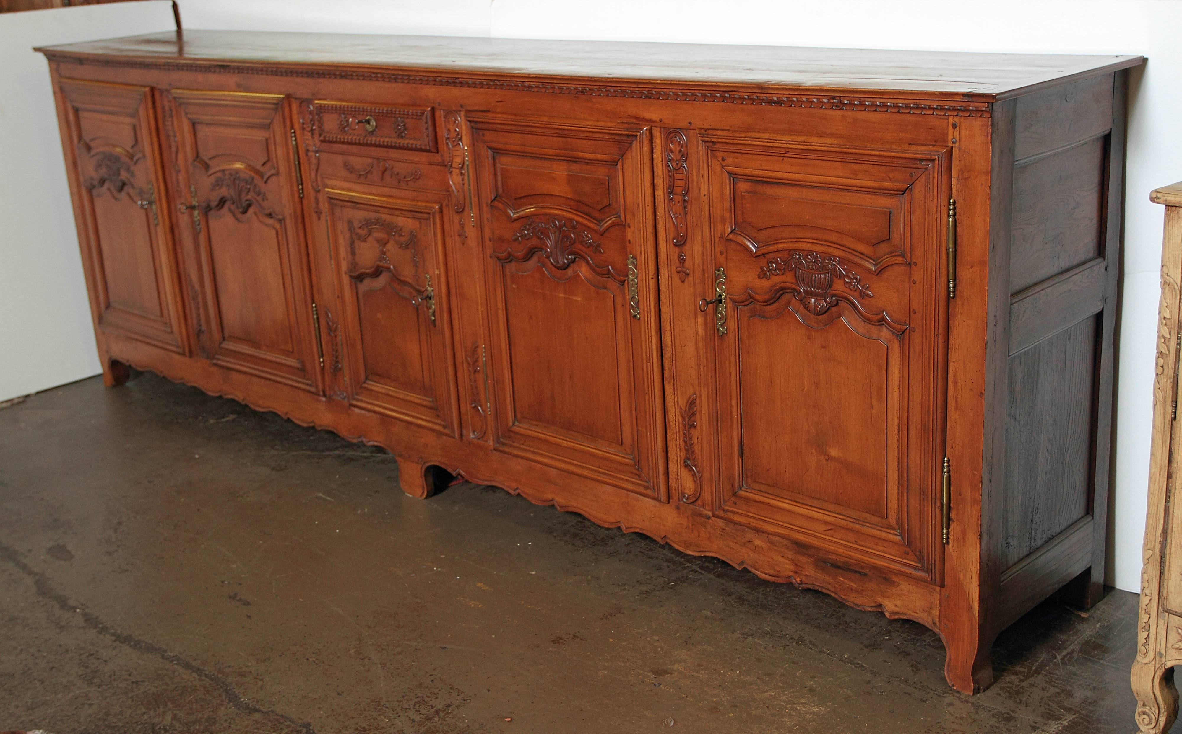 Hand-Carved Long 18th Century Country French Cherry Enfilade from Northern France