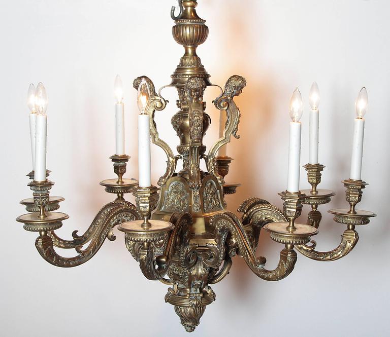 Ornate 19th Century French EightLight Bronze Chandelier with Cherubs
