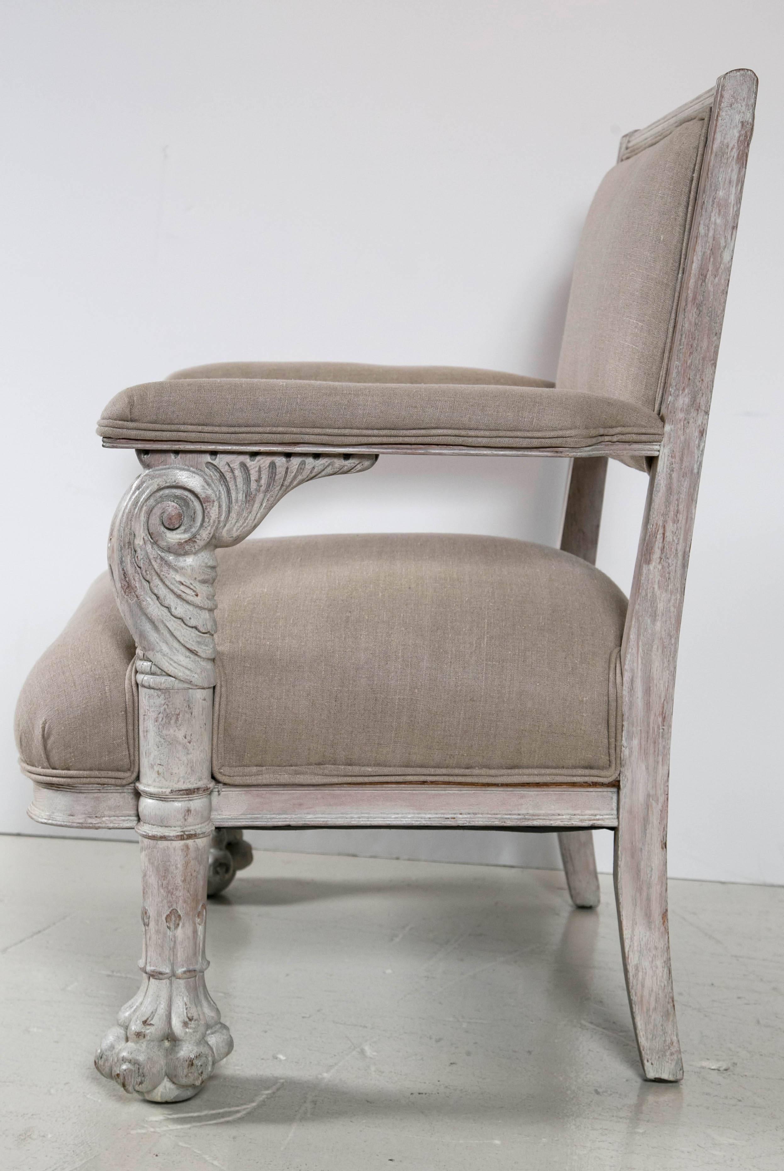 Linen Pair of White Carved Armchairs