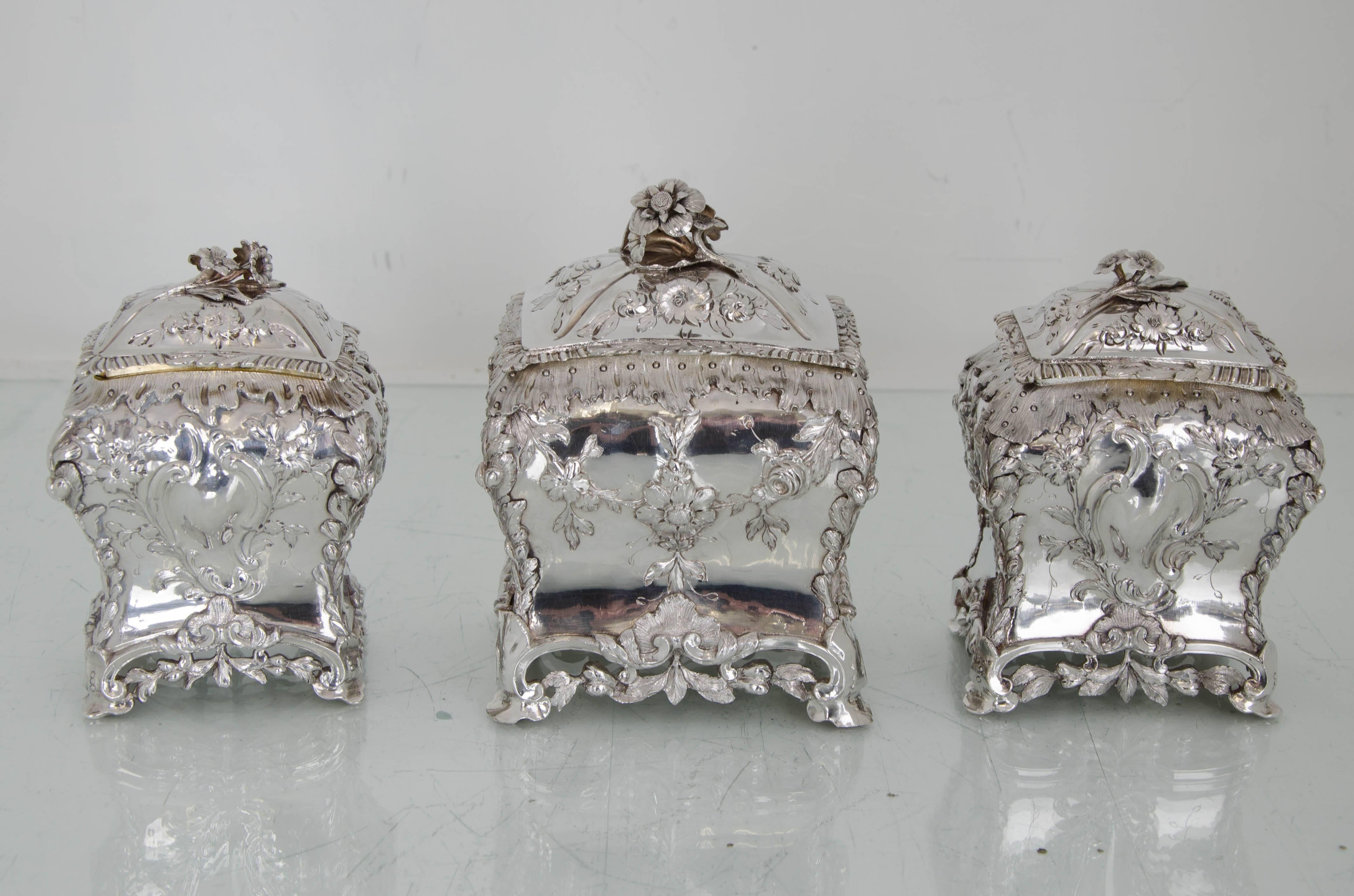 British Sterling Silver Suite of George III 18/19th Rococo Tea Caddies in Shagreen Case