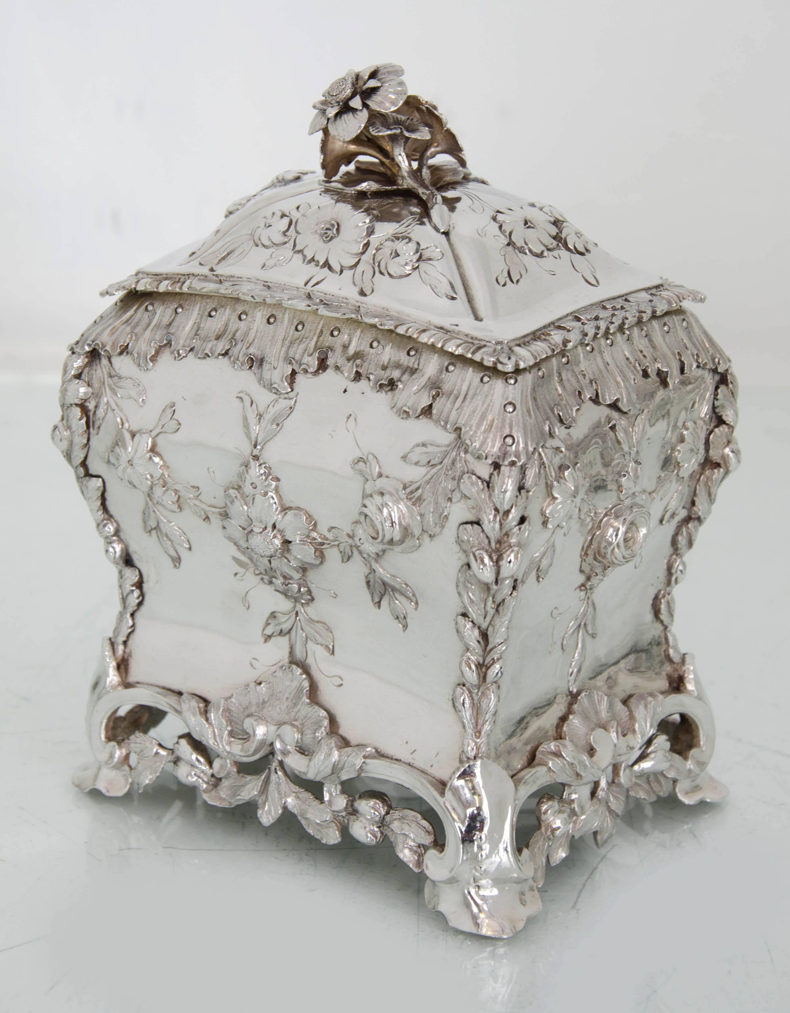 Hand-Crafted Sterling Silver Suite of George III 18/19th Rococo Tea Caddies in Shagreen Case