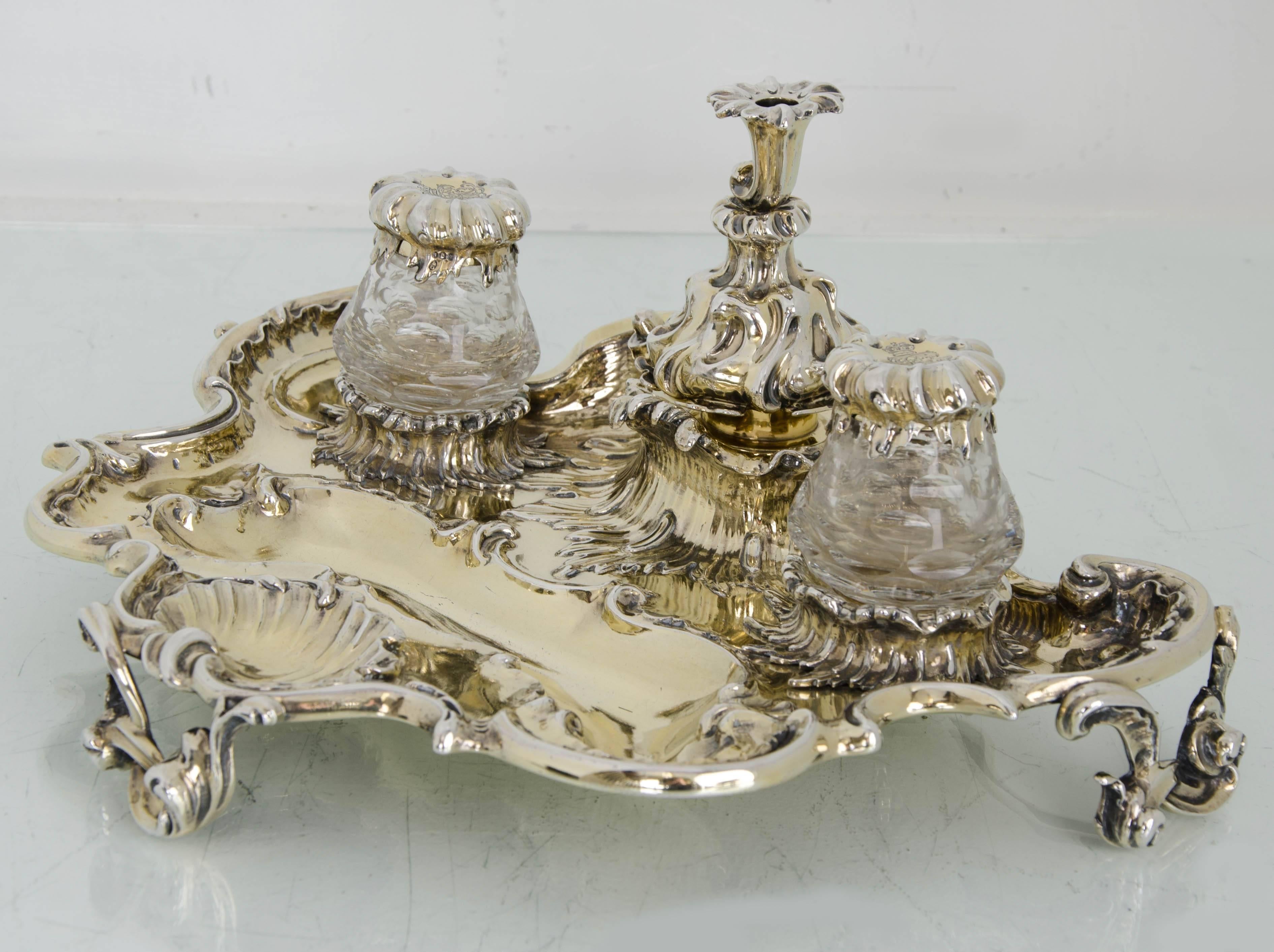 Hand-Crafted Victorian Antique Silver Gilt 19th Century Desk Inkstand London 1839 Charles Fox For Sale