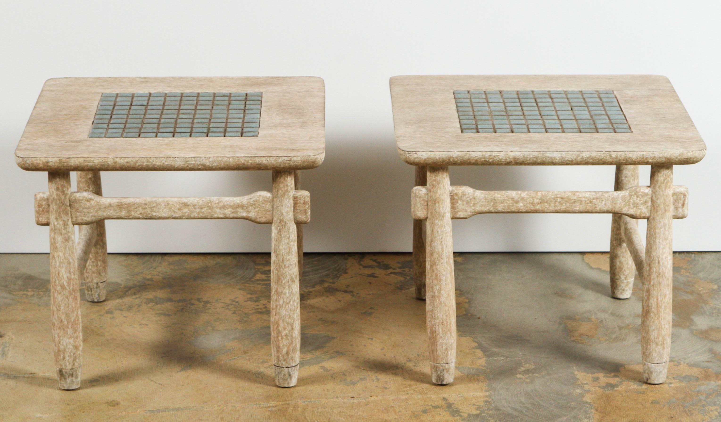 A pair of Mid-Century Lane tables with inset mosaic tile (in blue hues) and in new distressed finish.