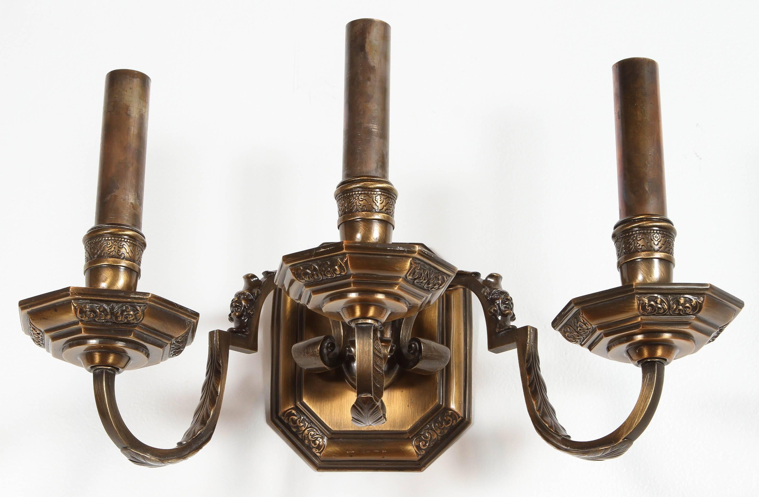 Pair of American Bronze Double Sconces In Excellent Condition For Sale In Los Angeles, CA