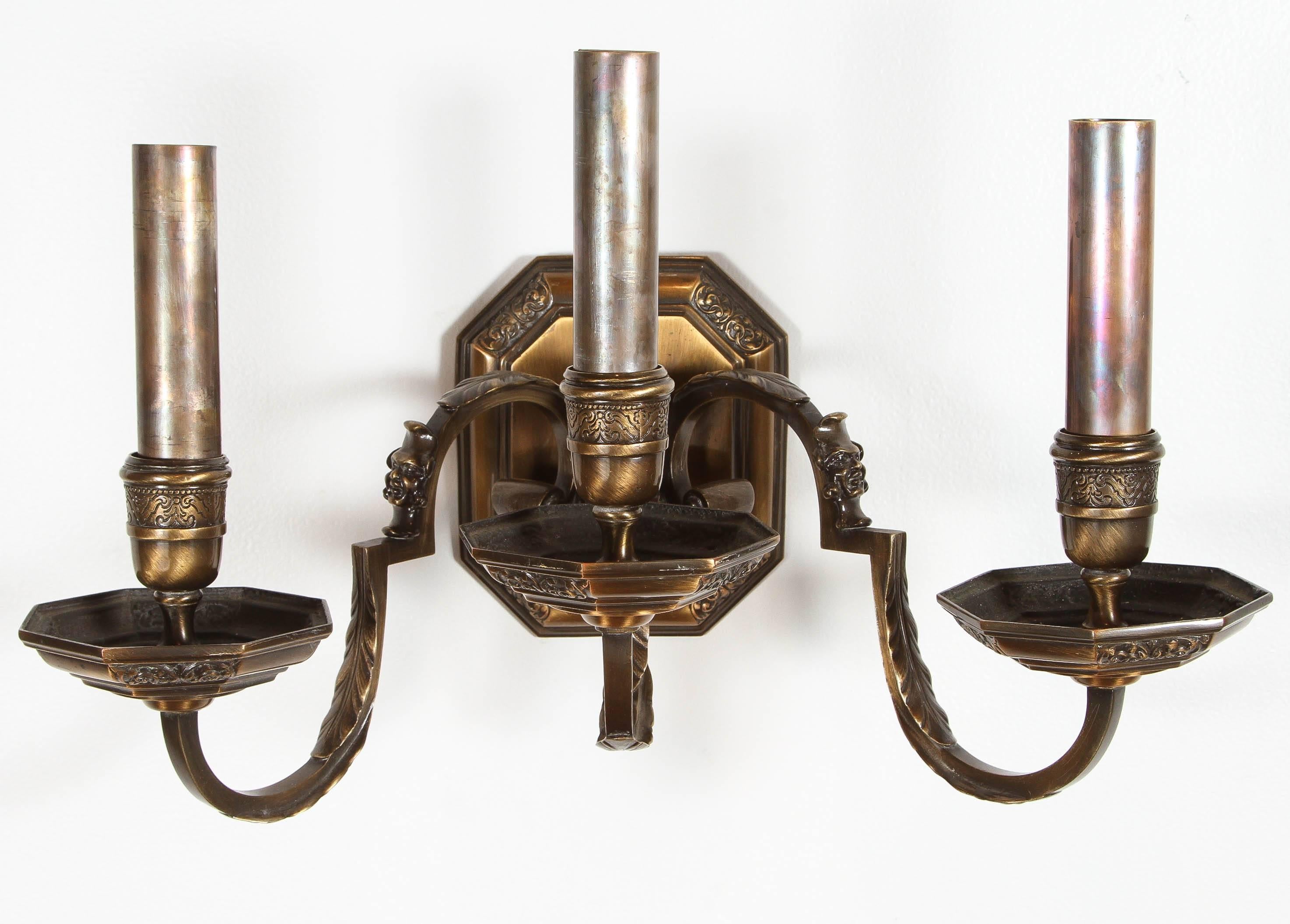 Pair of American Bronze Double Sconces For Sale 3