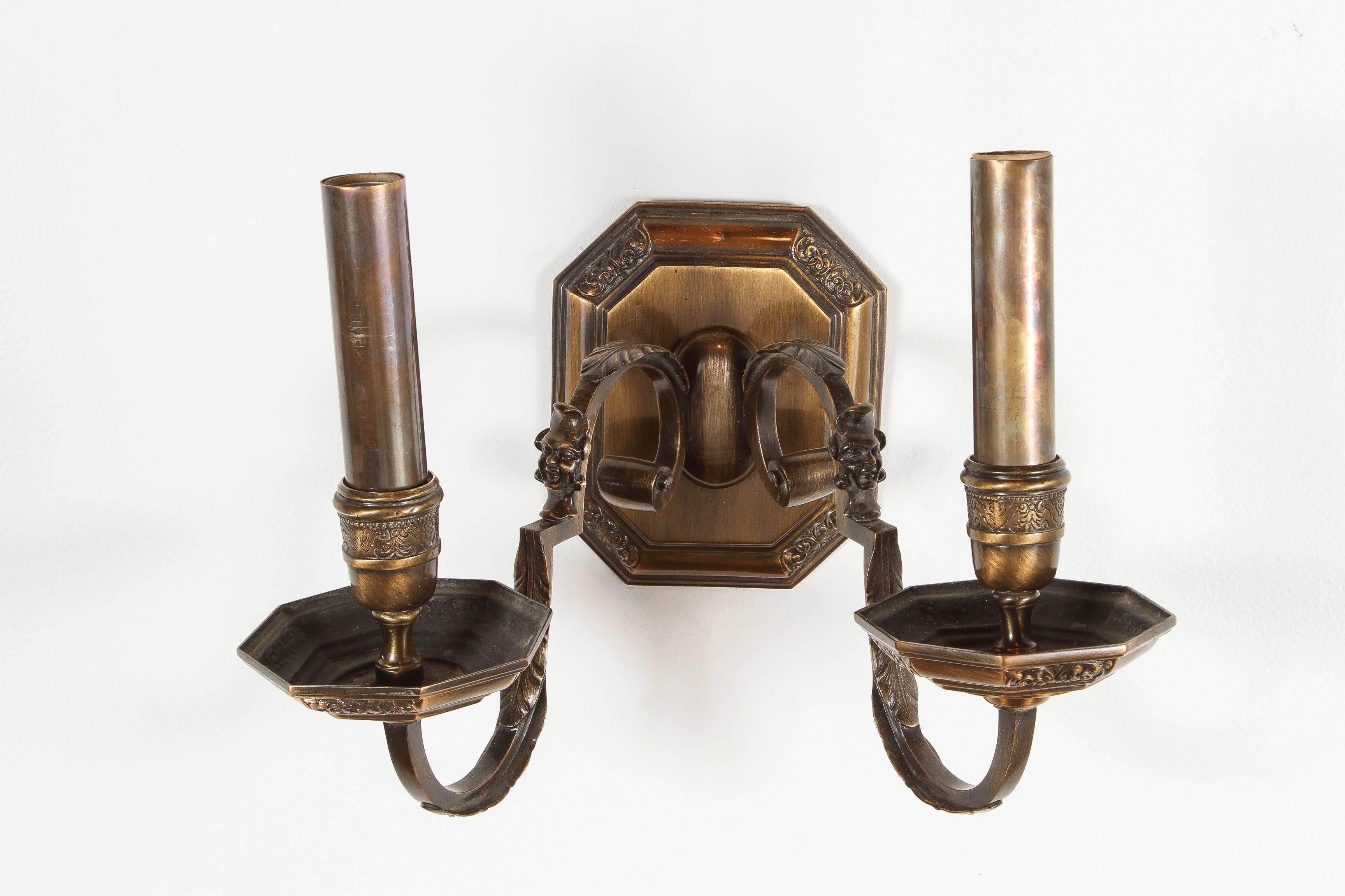 Pair of American Bronze Double Sconces In Excellent Condition For Sale In Los Angeles, CA