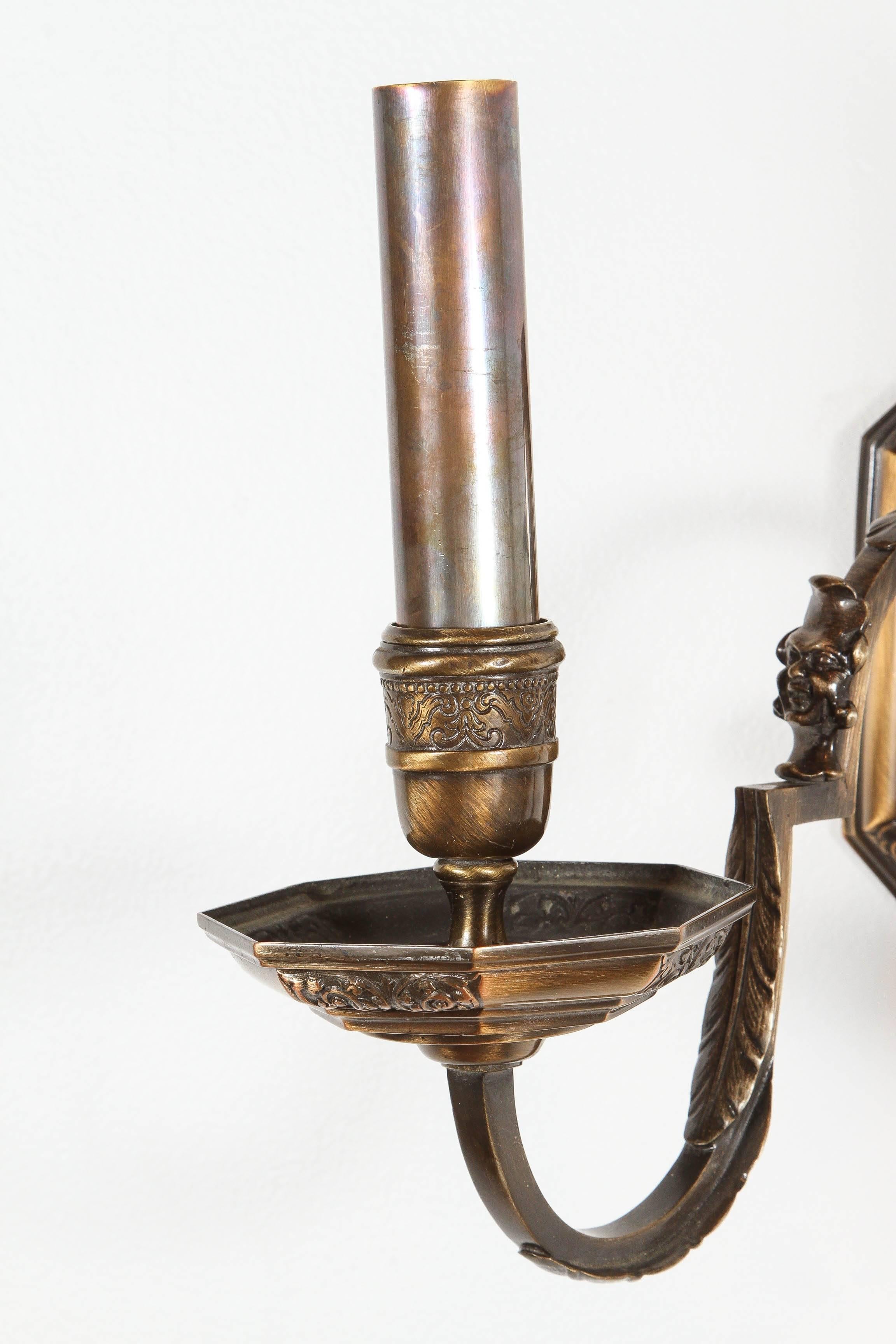 Mid-20th Century Pair of American Bronze Double Sconces For Sale