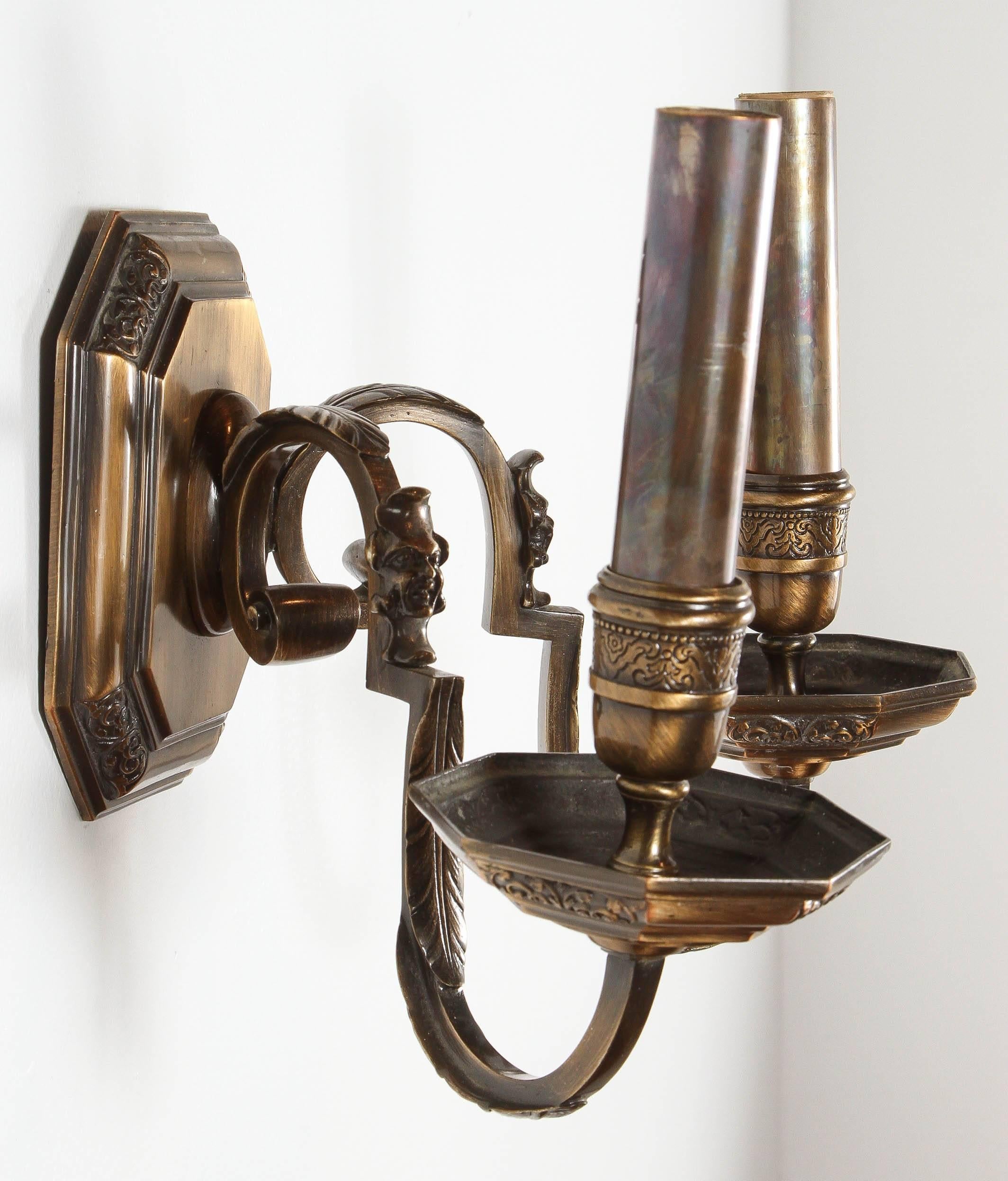 Pair of American Bronze Double Sconces For Sale 5