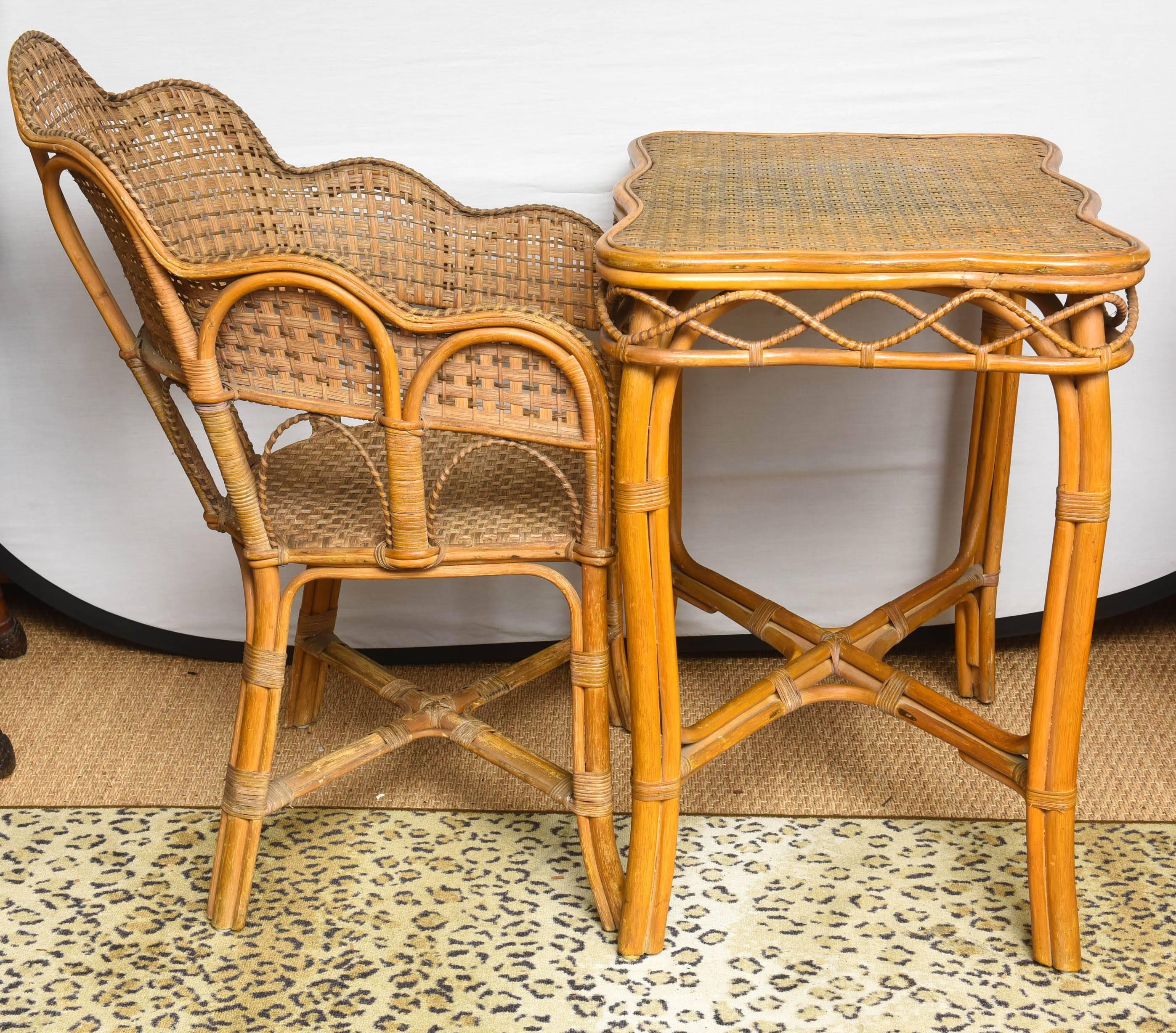 Very elaborate French Rattan chair with the matching table. Dimensions: H 30, W 28, D 20.