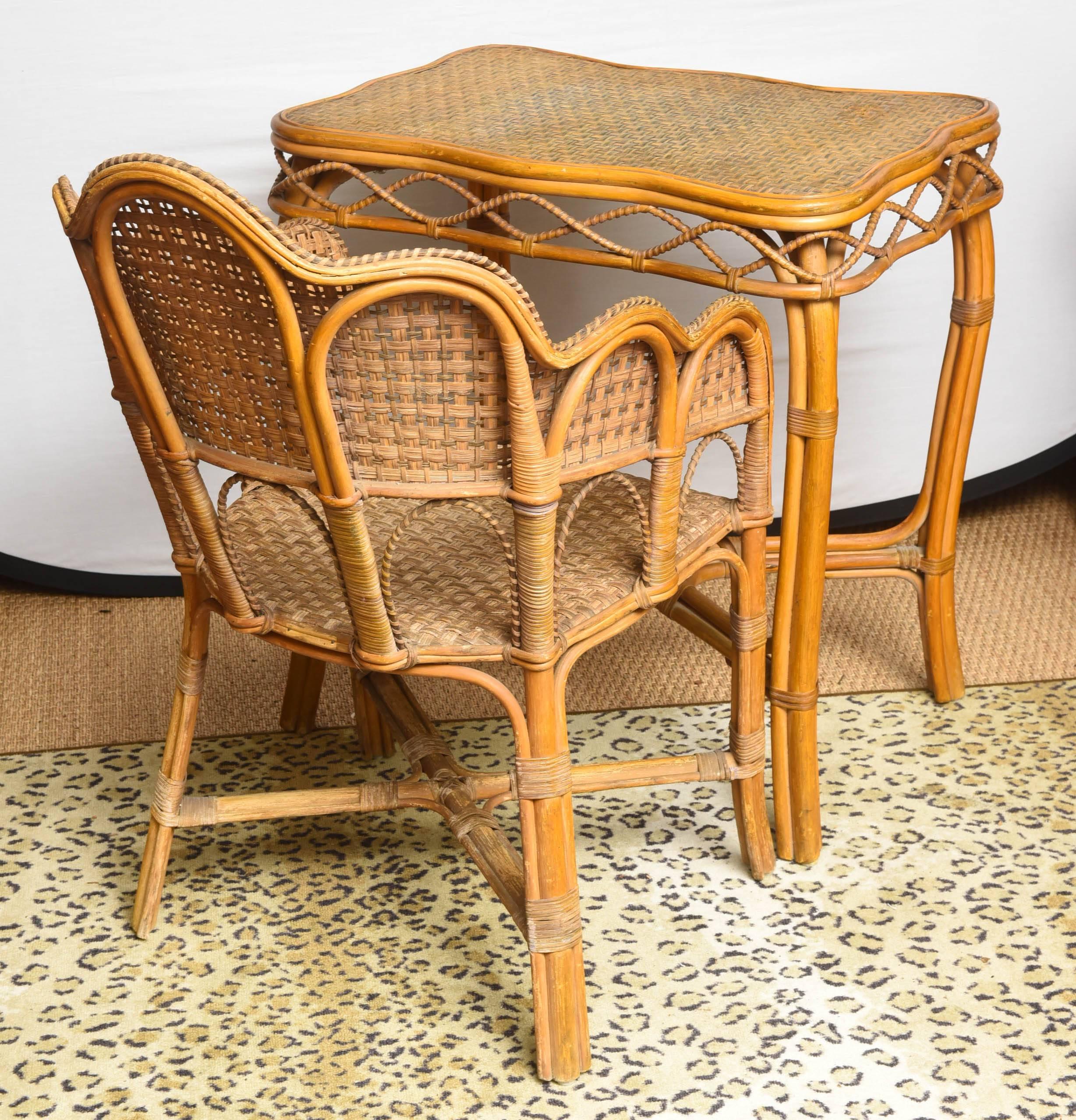 Set of Very Unusual French Vintage Rattan Table and Chair In Excellent Condition In West Palm Beach, FL