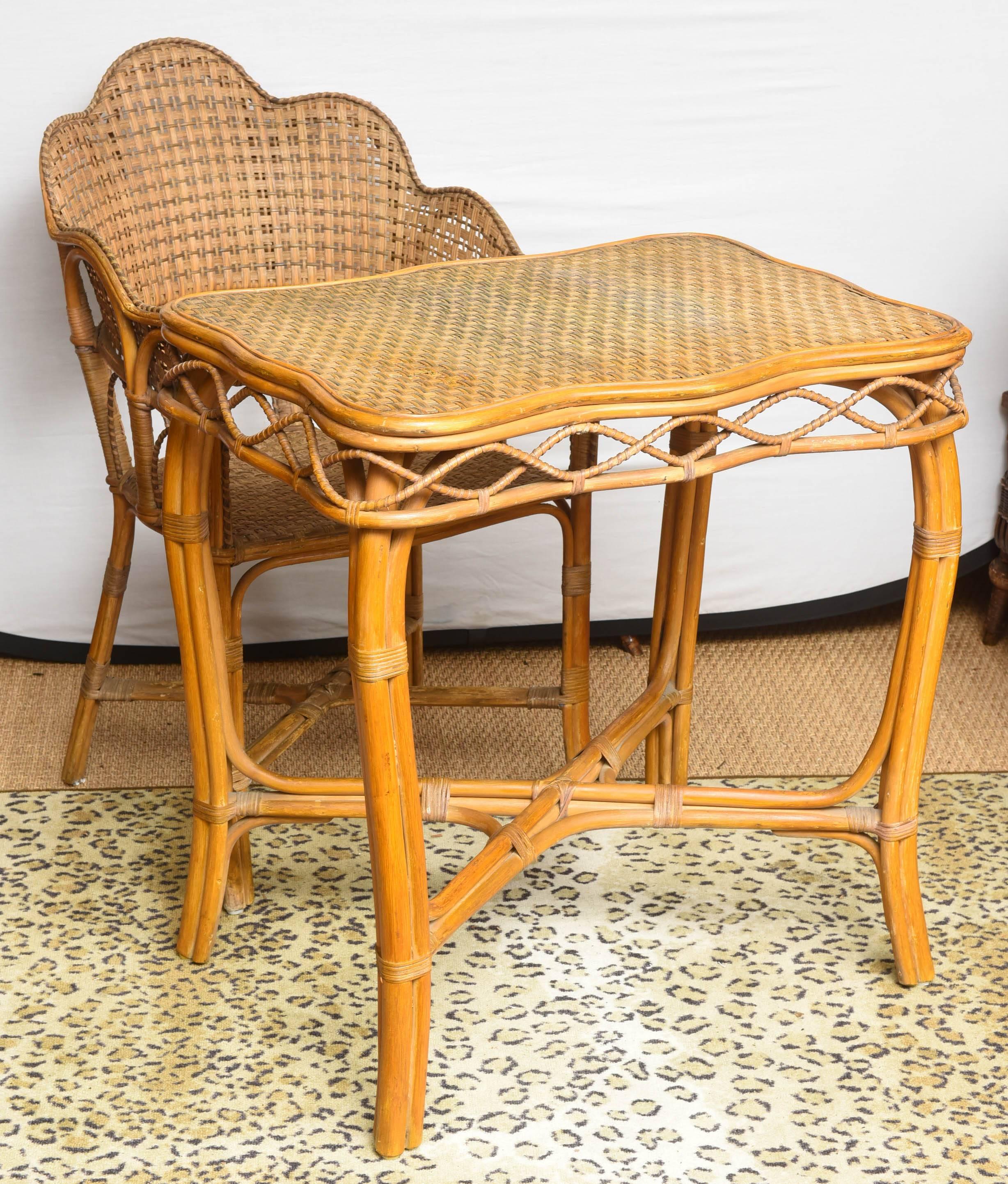 20th Century Set of Very Unusual French Vintage Rattan Table and Chair