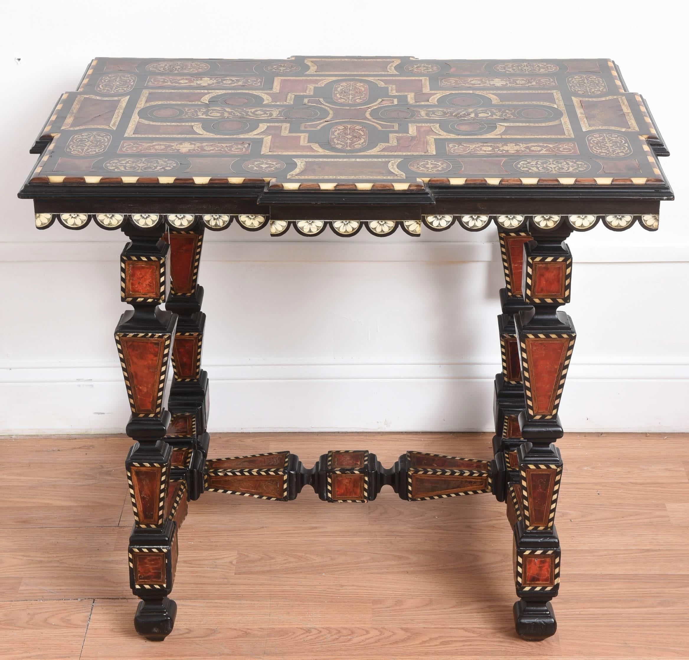 Beautiful late 19th century Italian side table, inlaid with tortoise, ivory and ebony. In great condition.