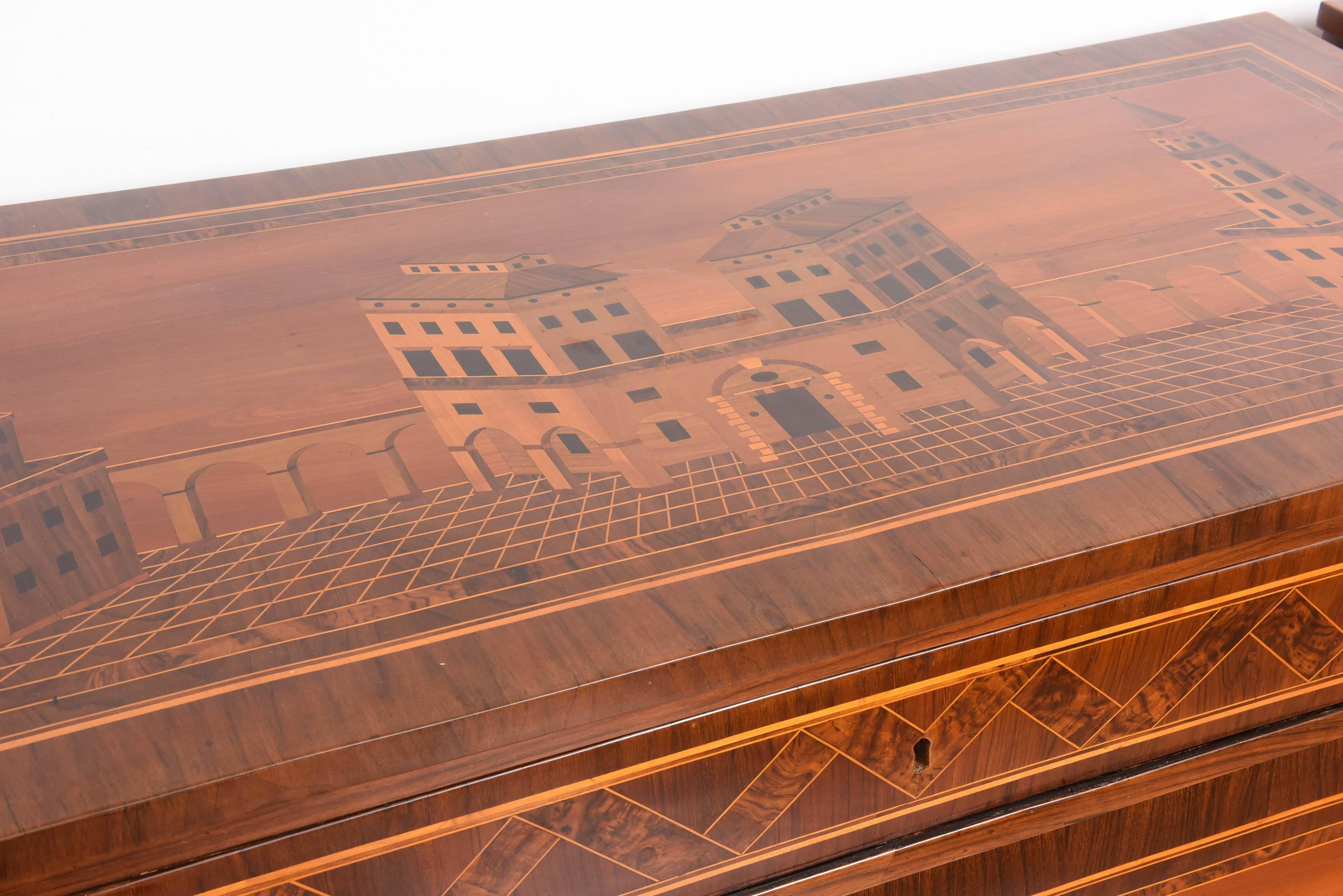 Rare and fine pair of 18th century Italian inlaid three drawers chest in walnut/cherry/satin wood inlay. Different scenes on all sides in the manner of Giuseppe Maggiolini.