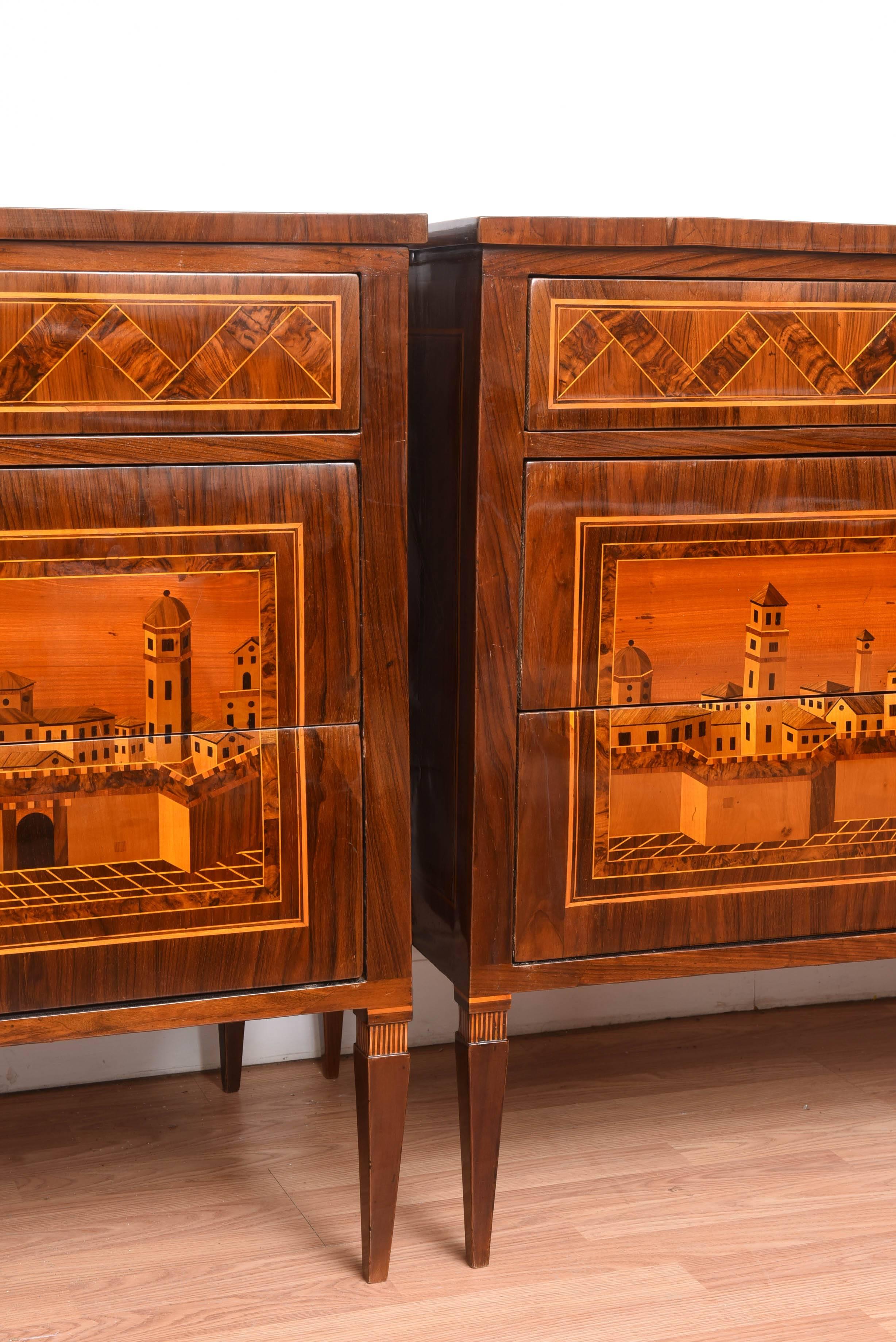 18th Century and Earlier Rare Fine Pair of 18th Century Italian Inlaid Three Drawers Chest