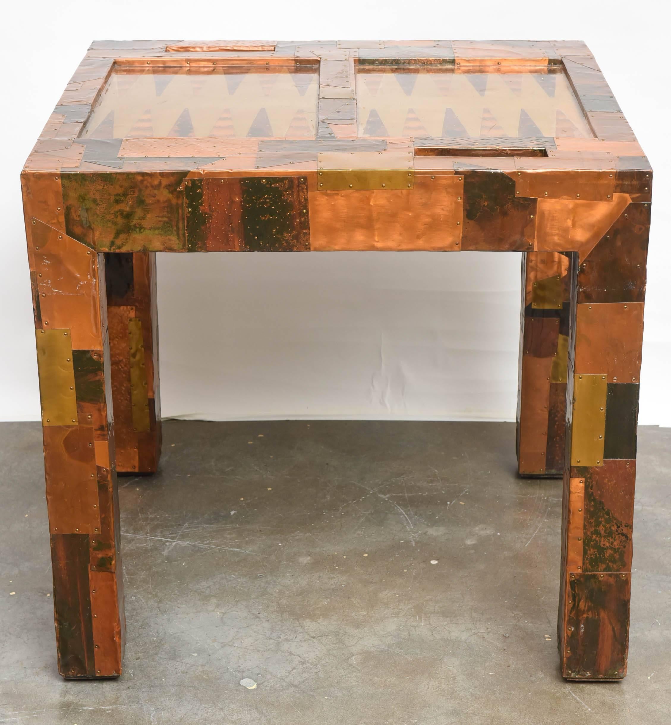 Paul Evans style patchwork metal clad backgammon table. Wonderfully handcrafted game table!