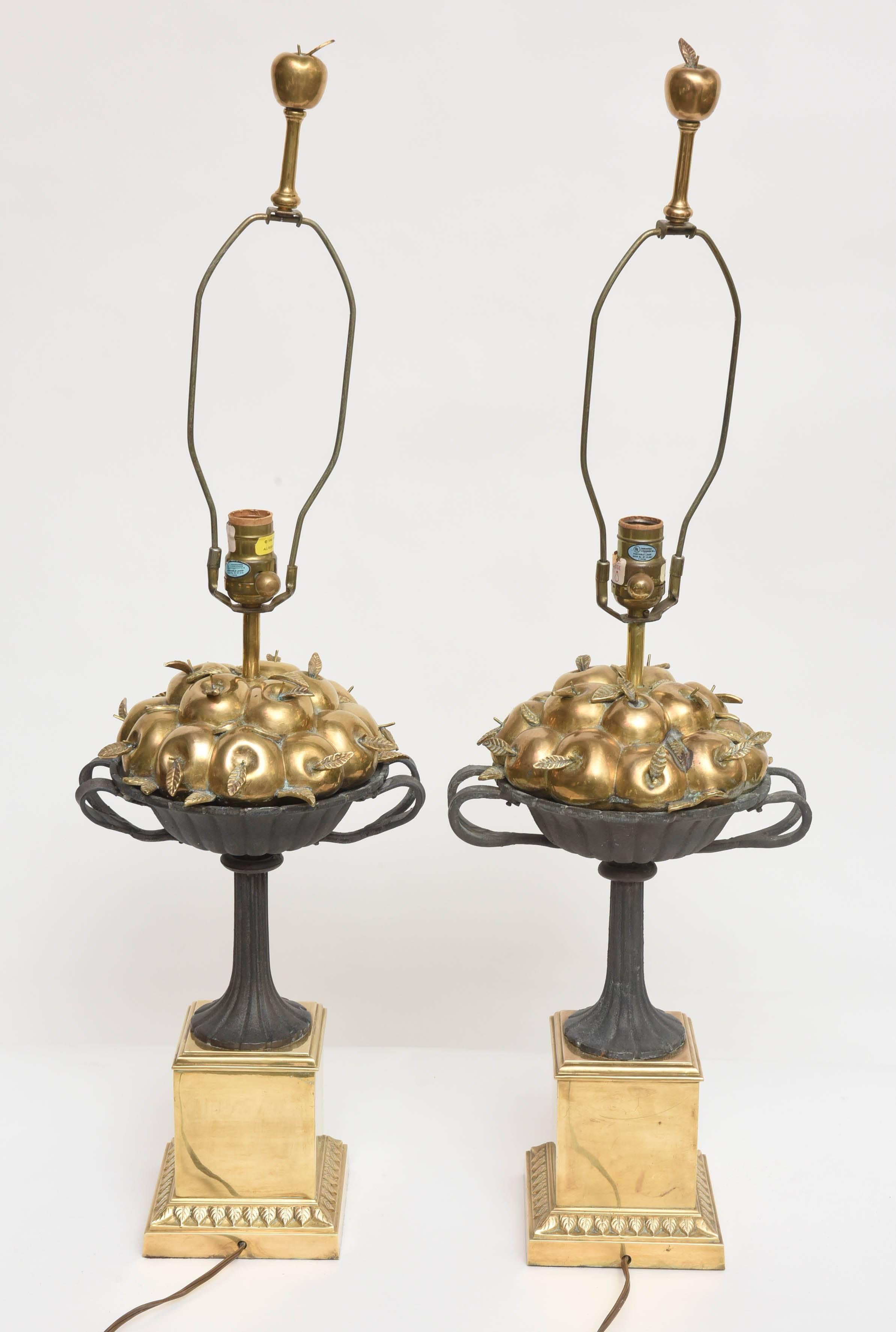 Pair of Brass and Iron Apple Basket Lamps by Chapman For Sale 3