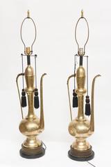 Pair of Amazing Large Brass 'Aladdin' Tea Pitcher Lamps