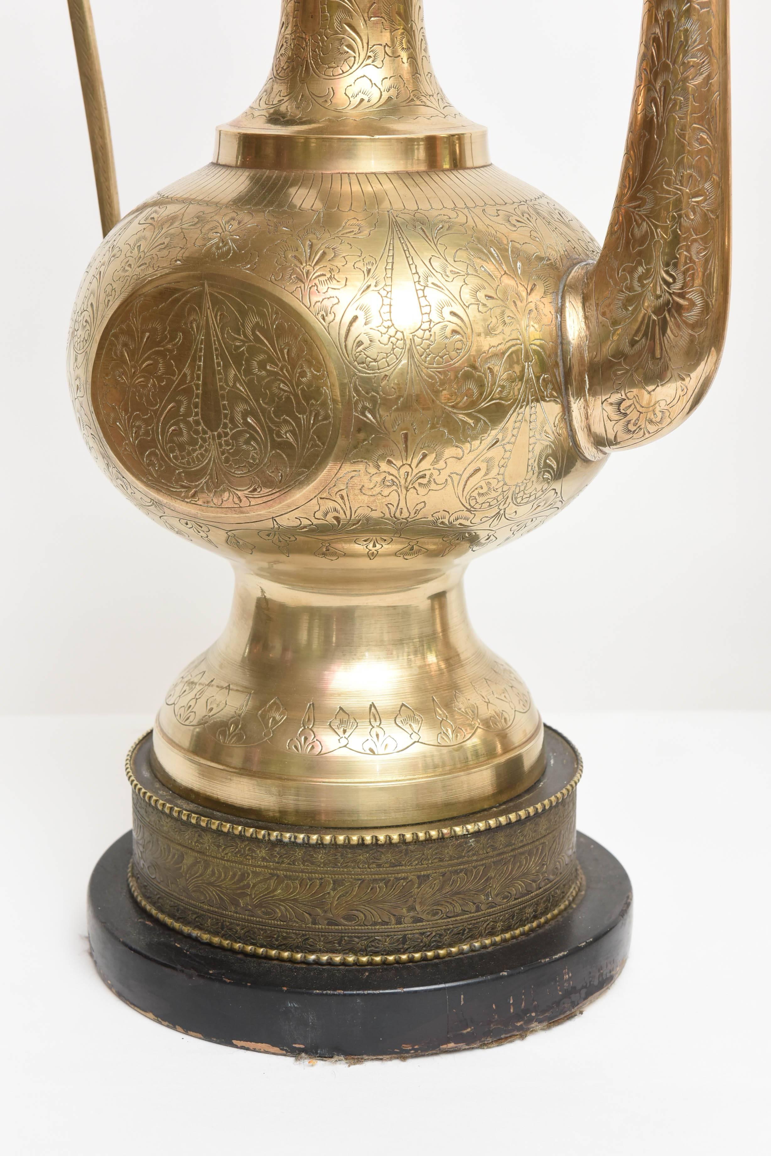 Etched Pair of Amazing Large Brass 'Aladdin' Tea Pitcher Lamps For Sale