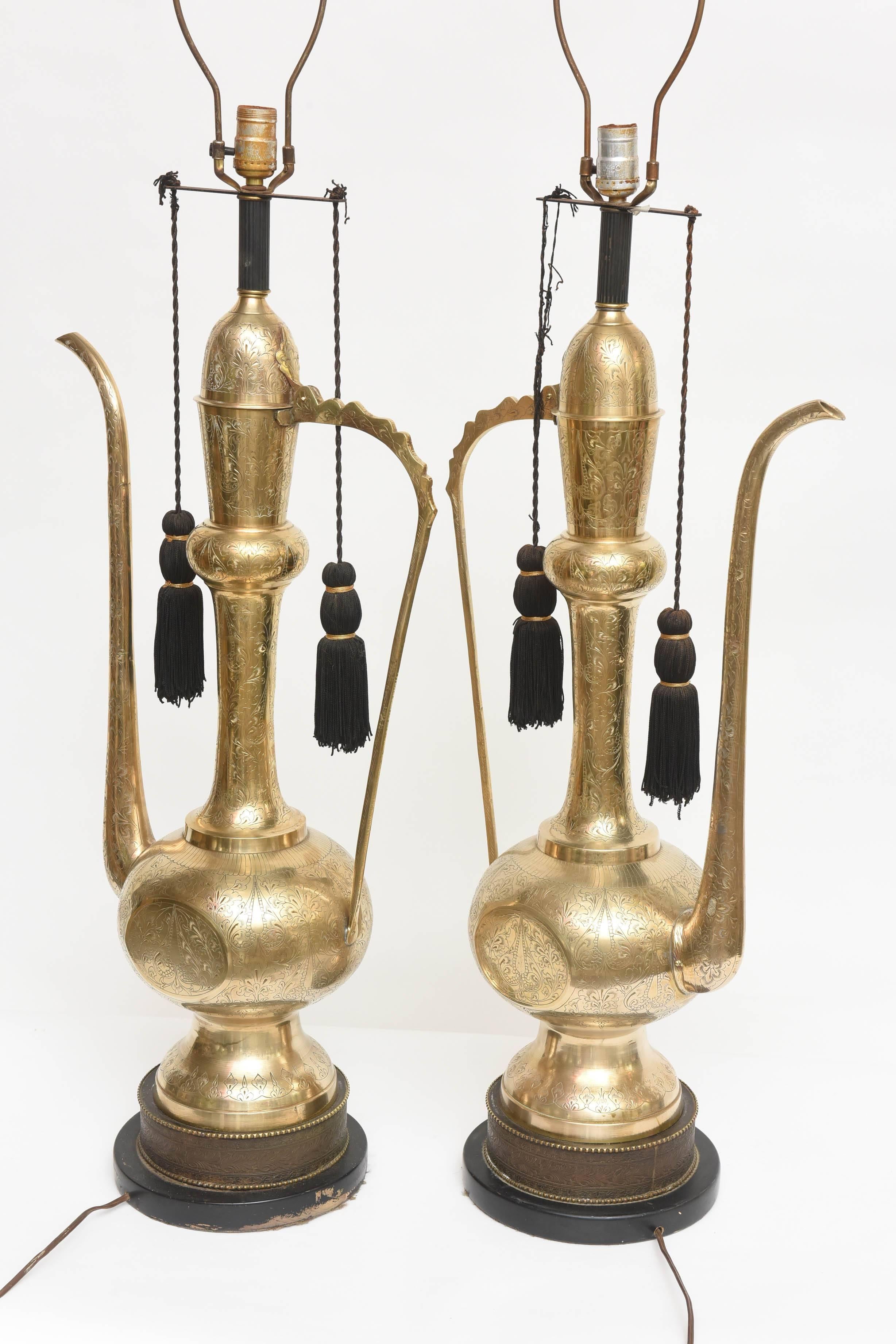 Pair of Amazing Large Brass 'Aladdin' Tea Pitcher Lamps For Sale 1
