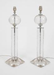 Pair of 1950s French Etched Glassed Table Lamps with Chrome Detail