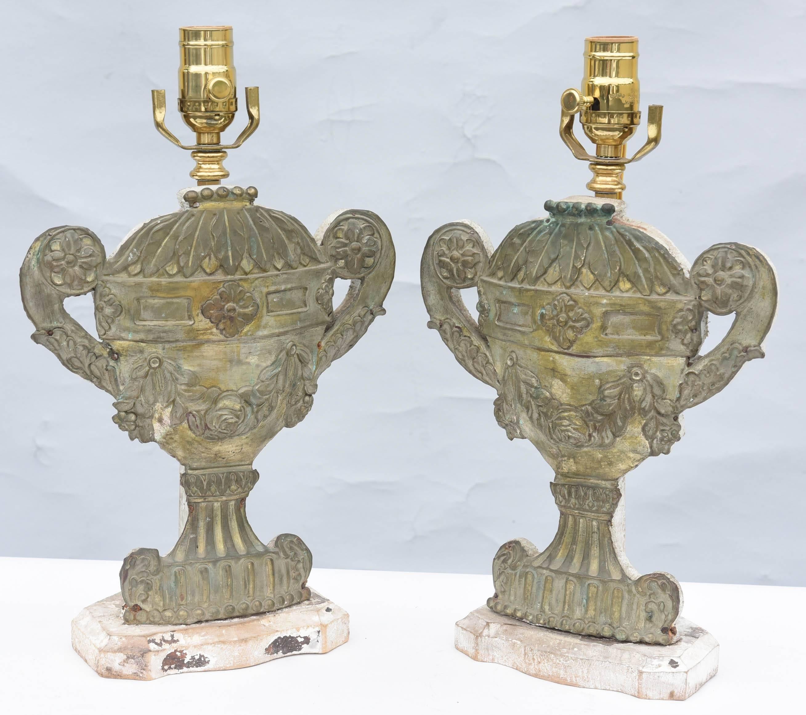 French Pair of 19th Century Bronze Repoussé Urn-Form Lamps For Sale