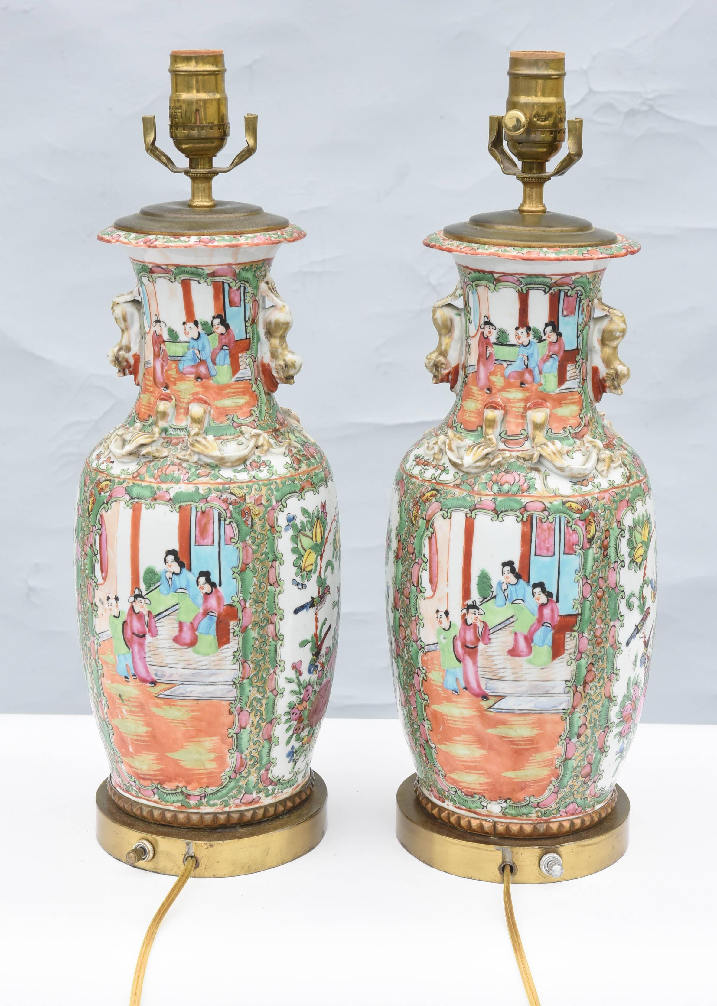 Pair of 19th Century Chinese Export Rose Mandarin Vase Lamps 3