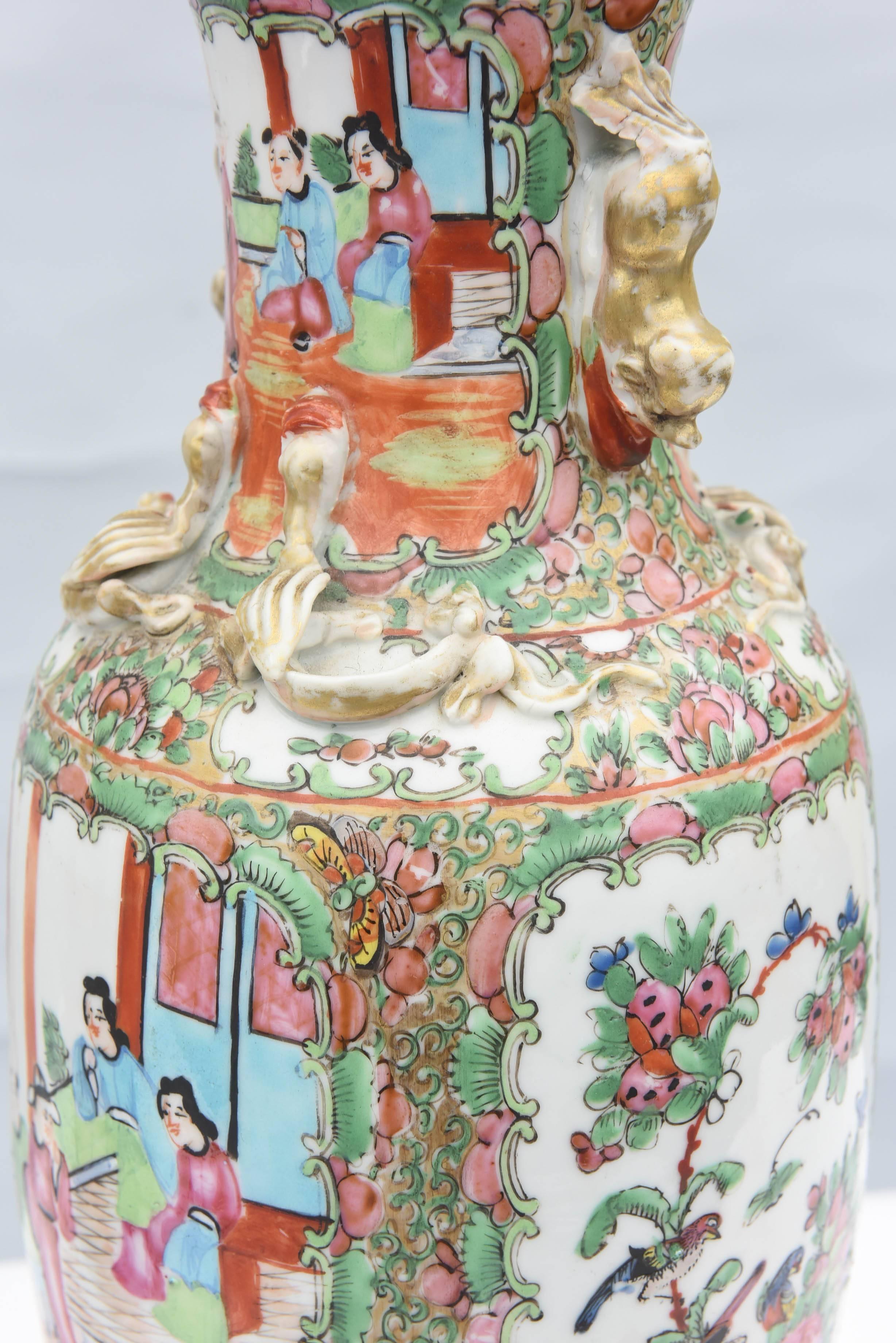 Pair of 19th Century Chinese Export Rose Mandarin Vase Lamps 6