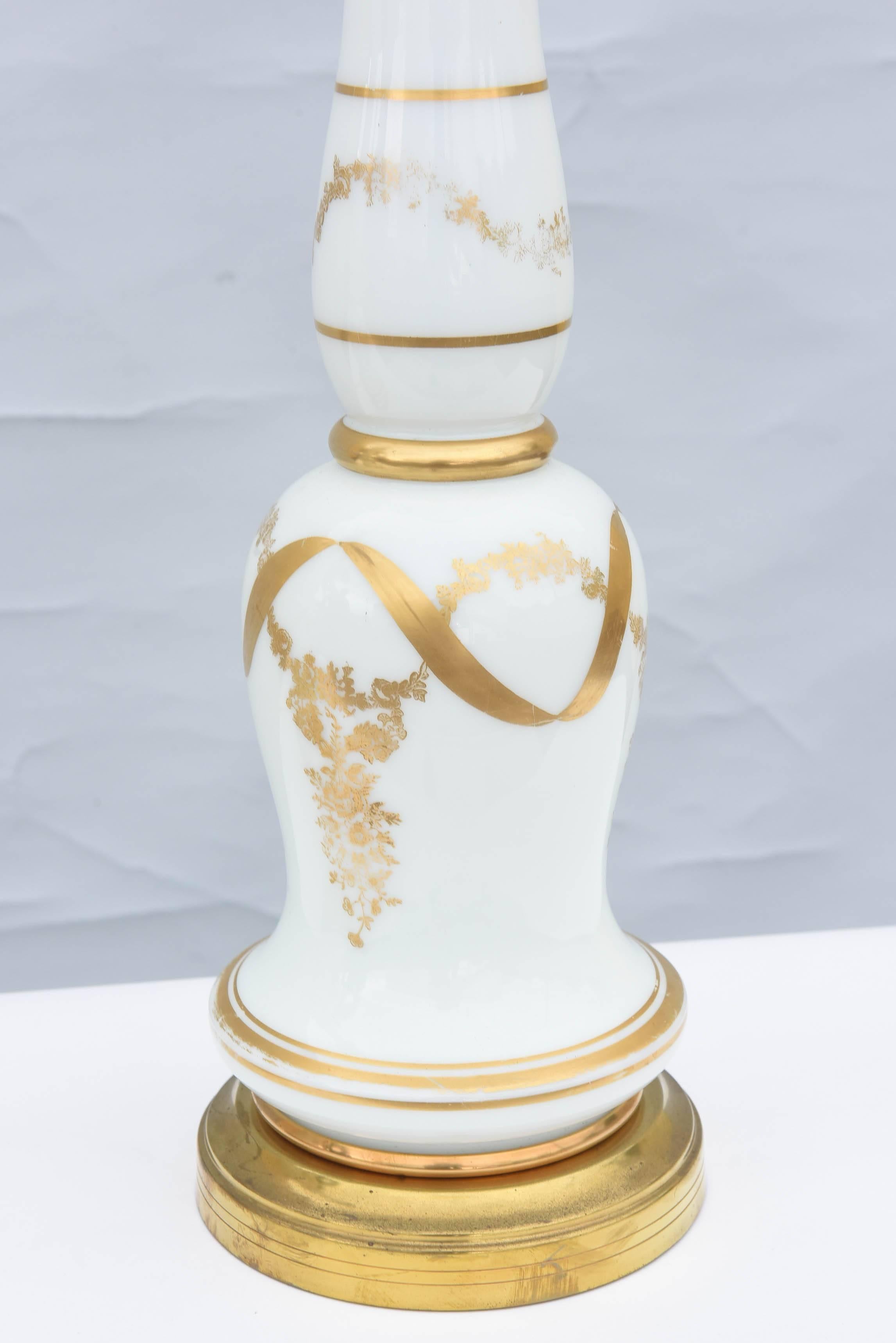 Gilt Pair of Empire Style Milk Glass Lamps with Hand Painted Gilding For Sale