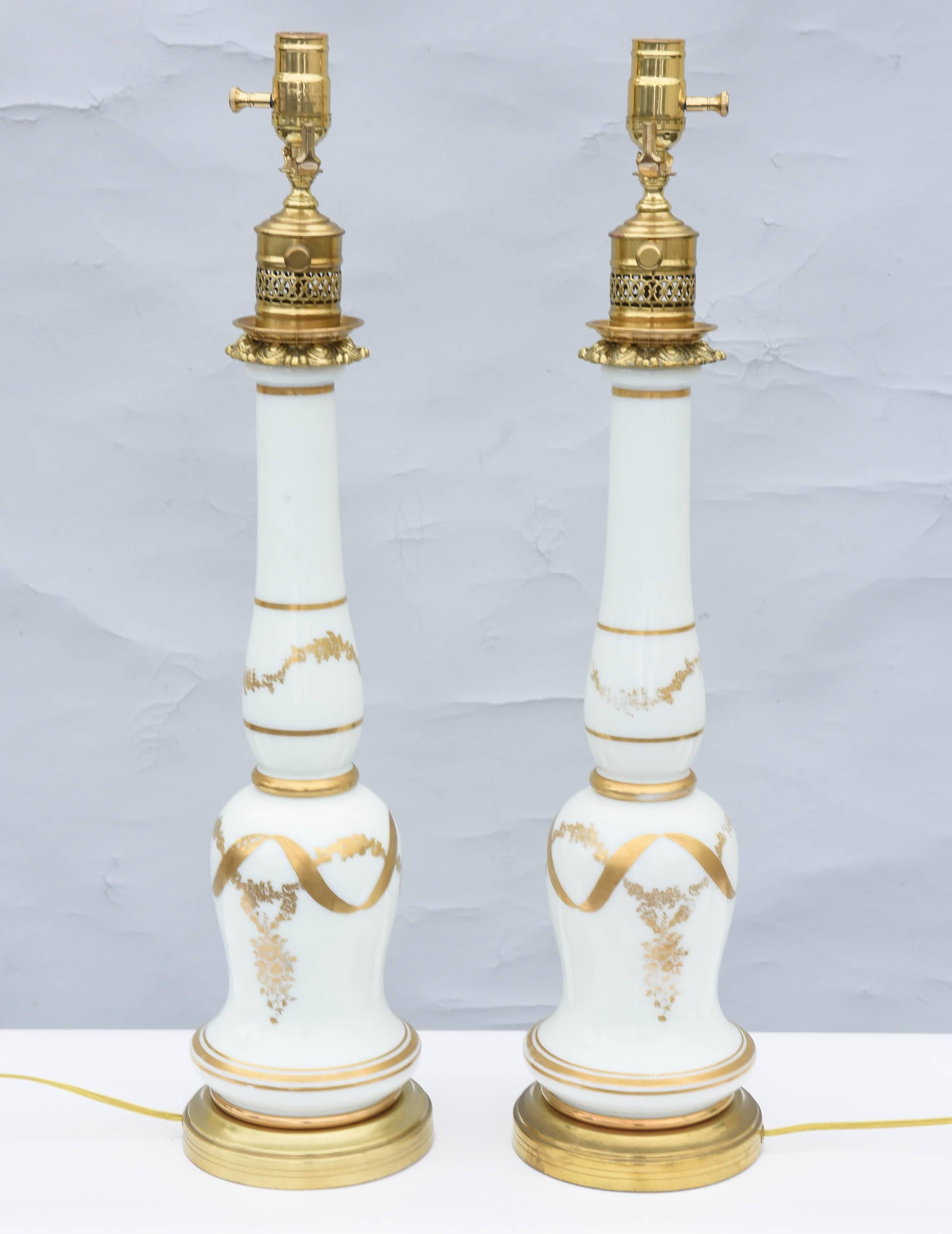 Pair of Empire Style Milk Glass Lamps with Hand Painted Gilding In Excellent Condition For Sale In West Palm Beach, FL