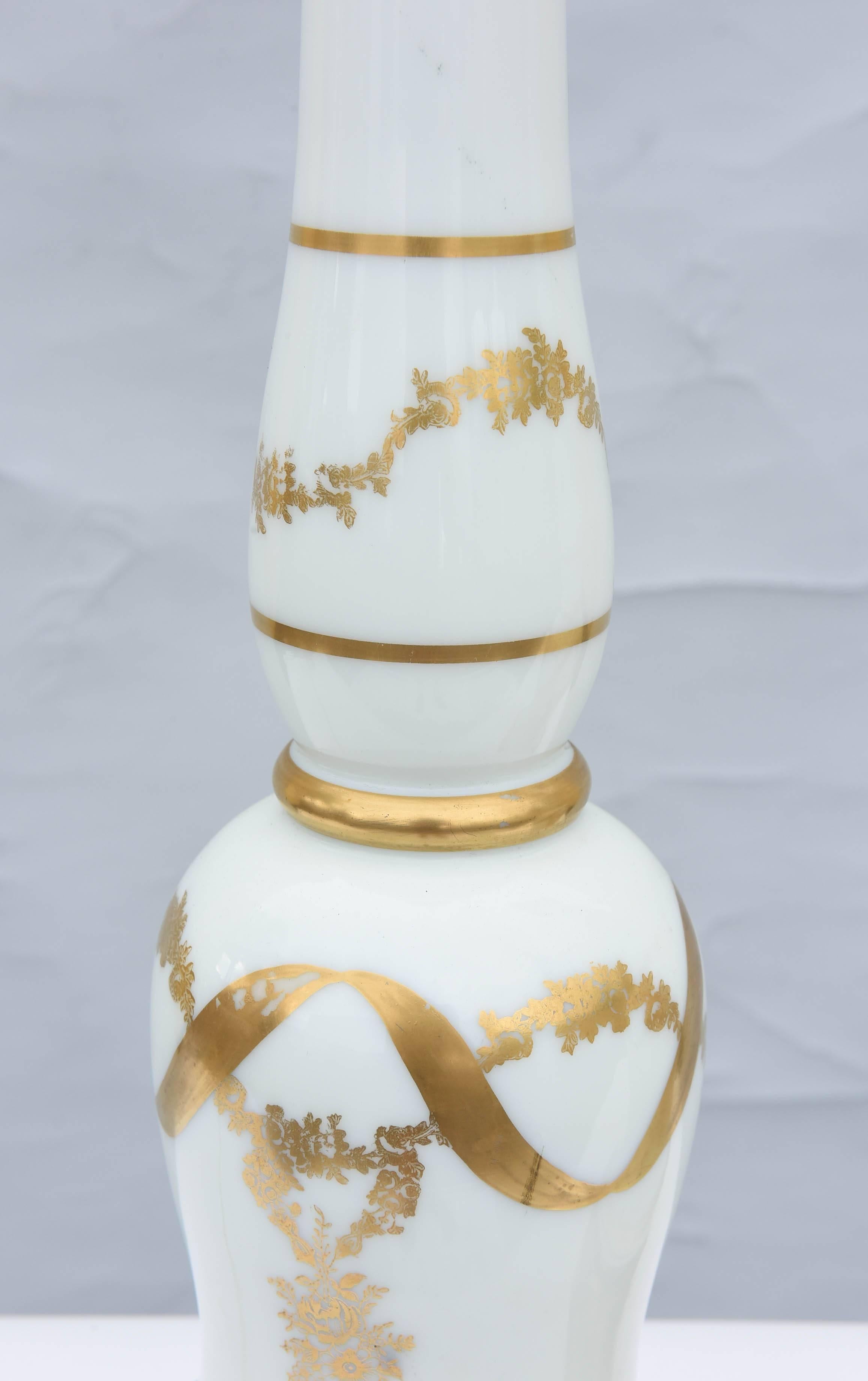 Pair of Empire Style Milk Glass Lamps with Hand Painted Gilding For Sale 1