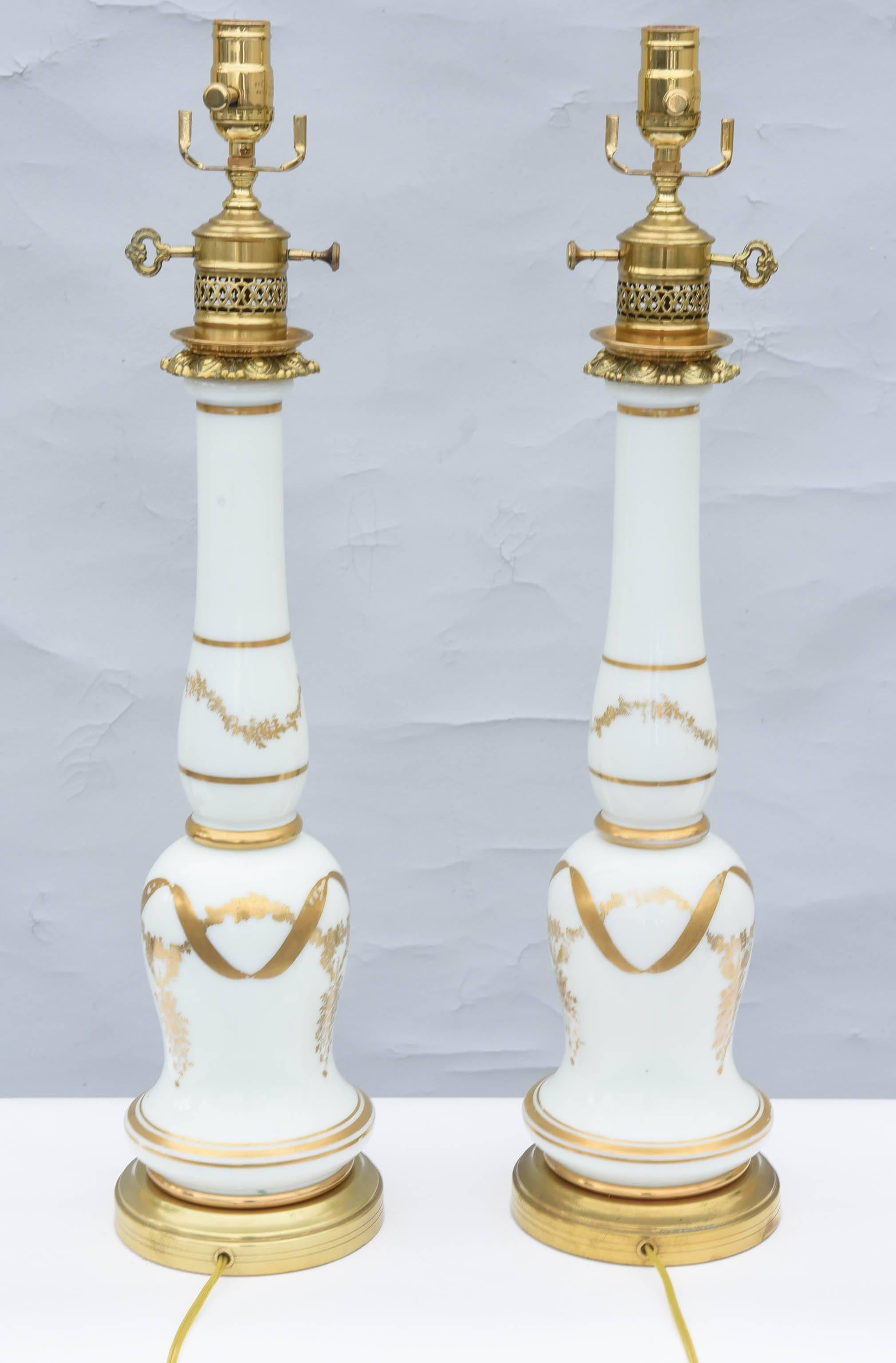 Pair of Empire Style Milk Glass Lamps with Hand Painted Gilding For Sale 3