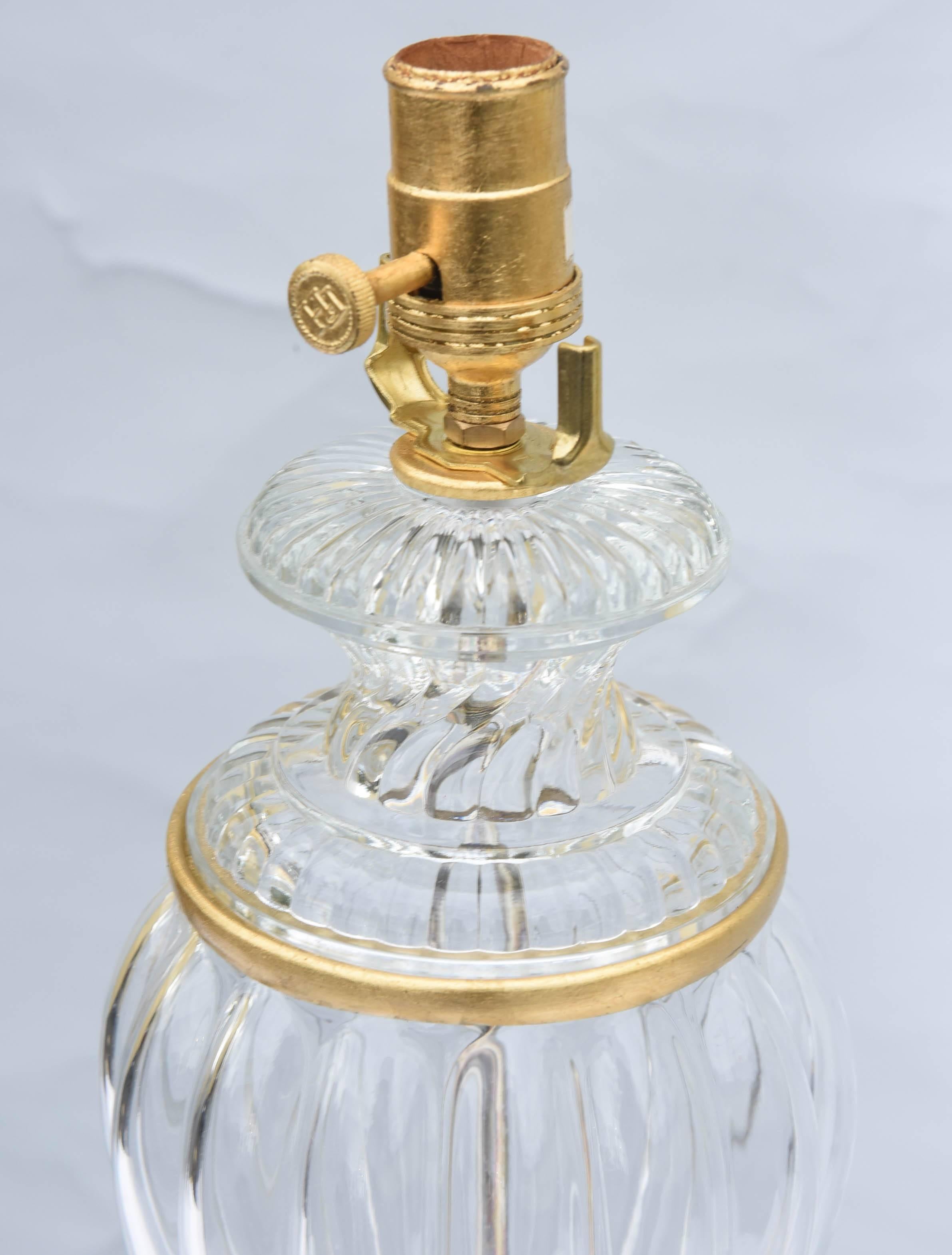 American Pair of Baccarat Form Glass Urn-Form Lamps on Lucite