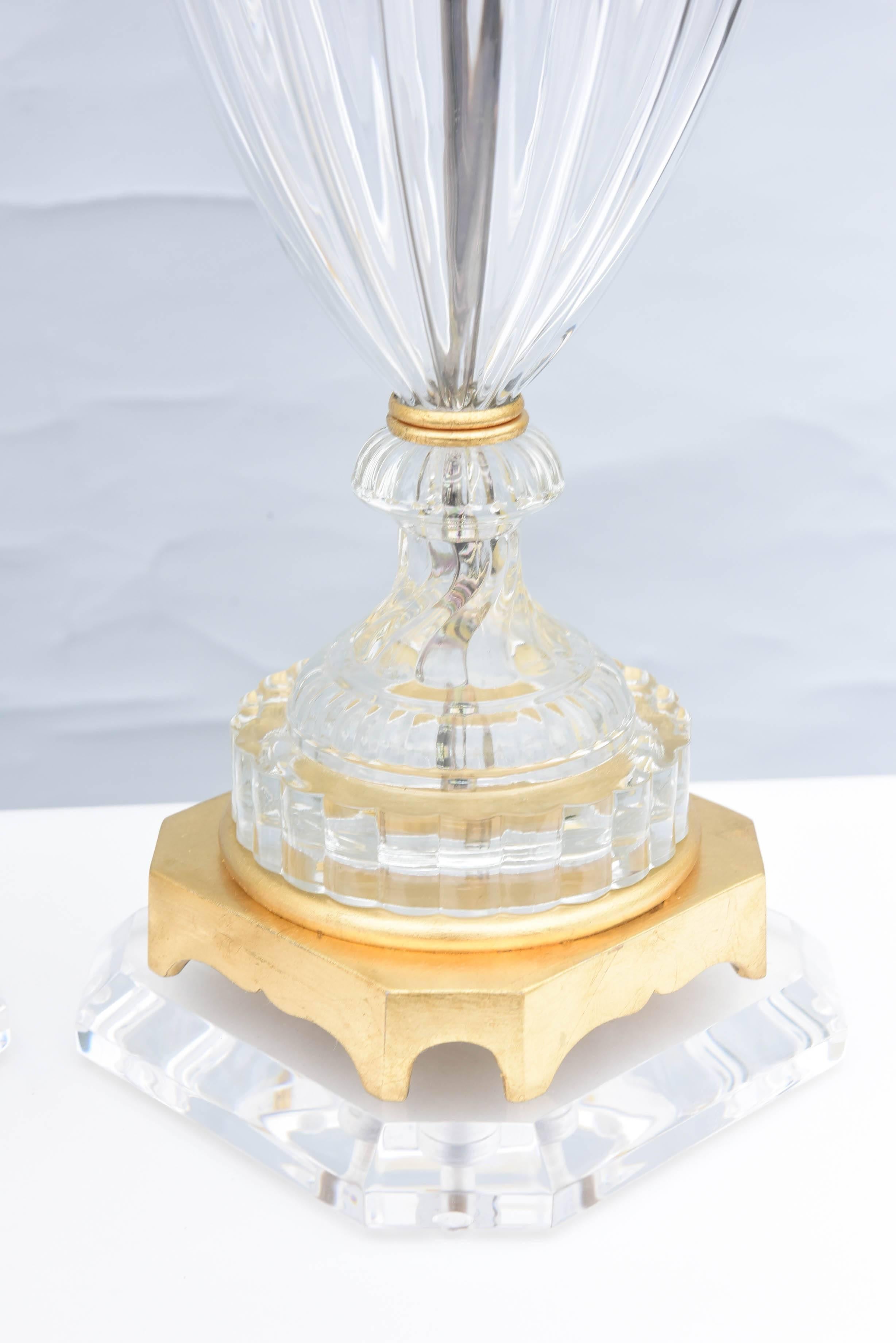 Gilt Pair of Baccarat Form Glass Urn-Form Lamps on Lucite