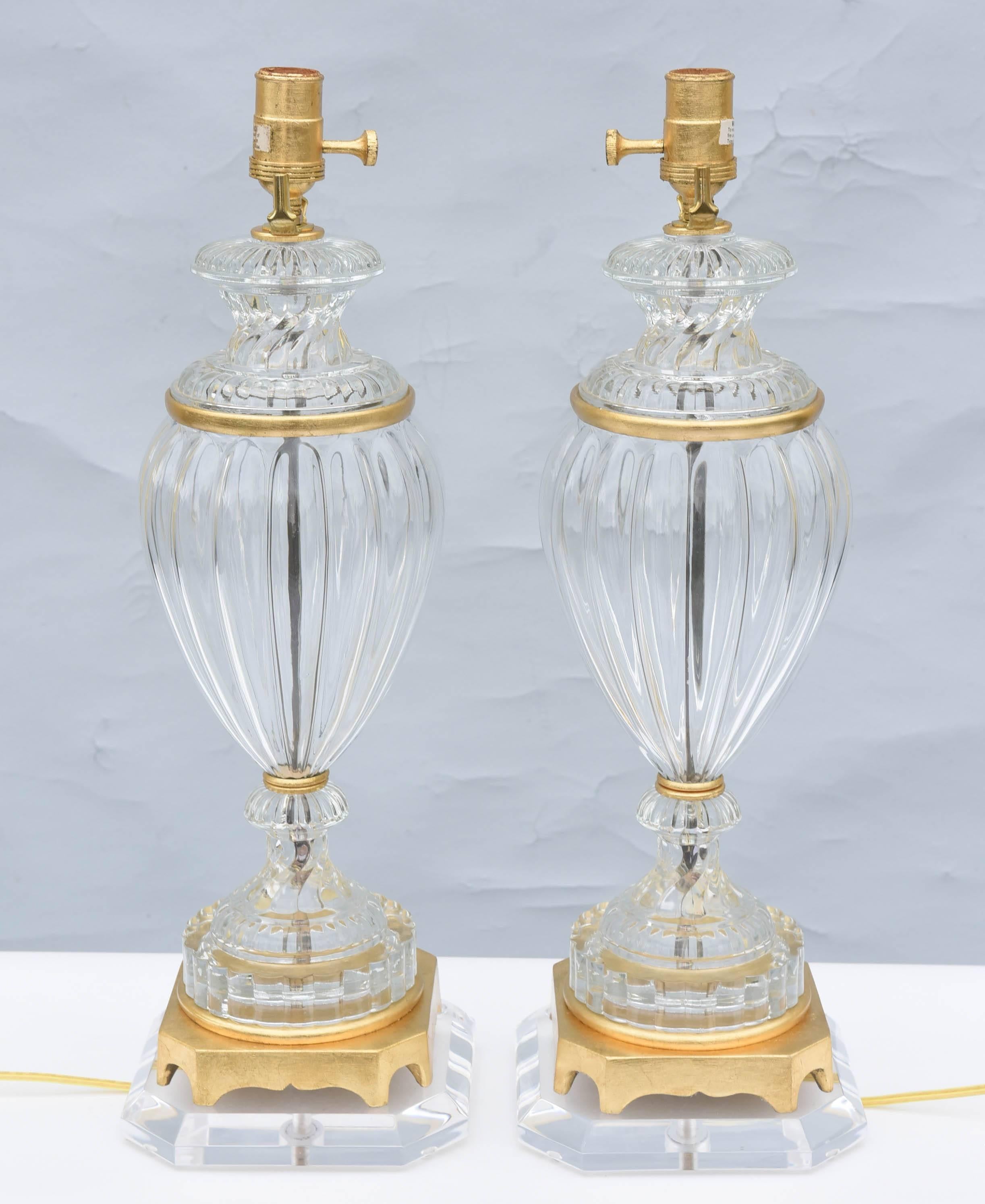 20th Century Pair of Baccarat Form Glass Urn-Form Lamps on Lucite