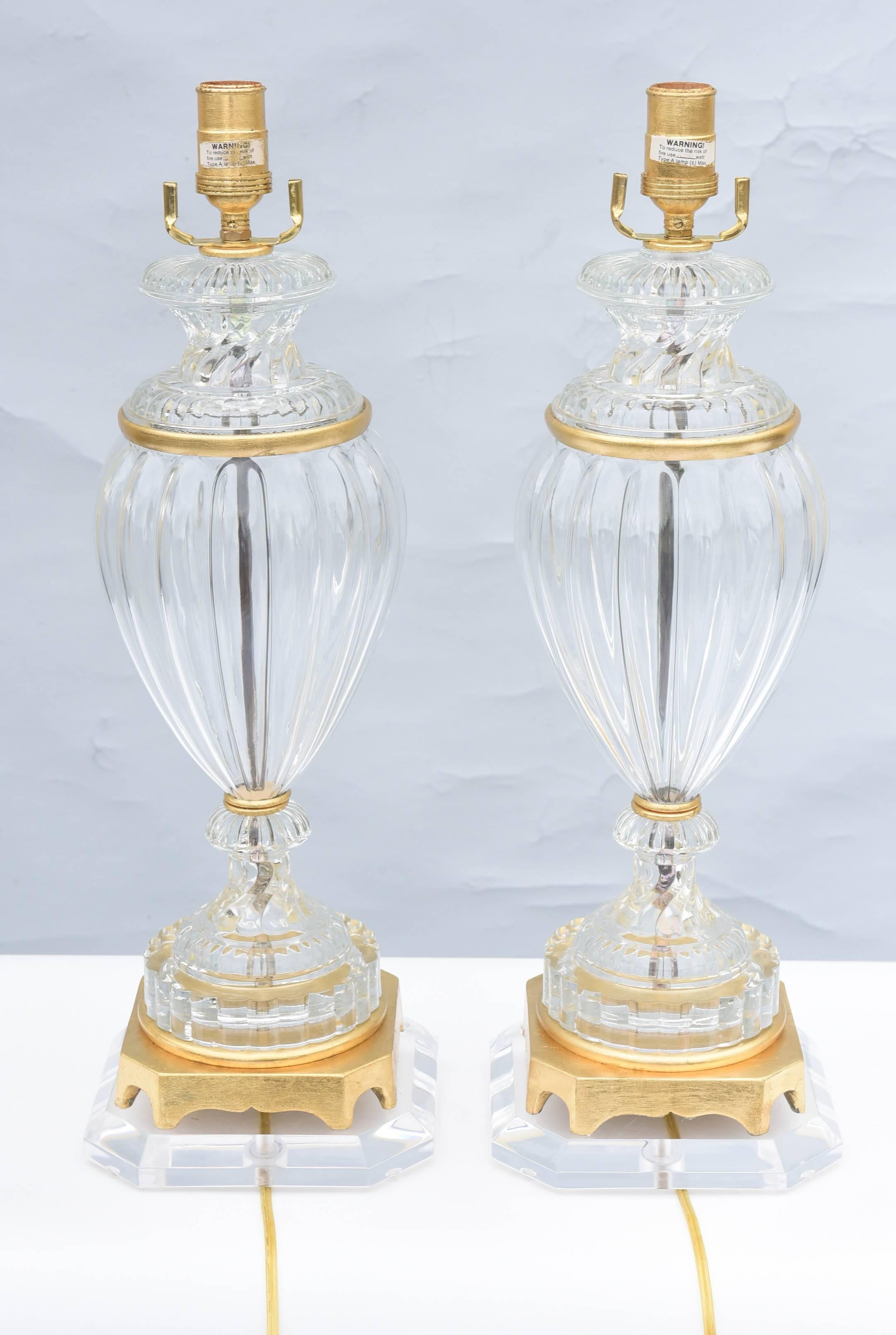 Brass Pair of Baccarat Form Glass Urn-Form Lamps on Lucite