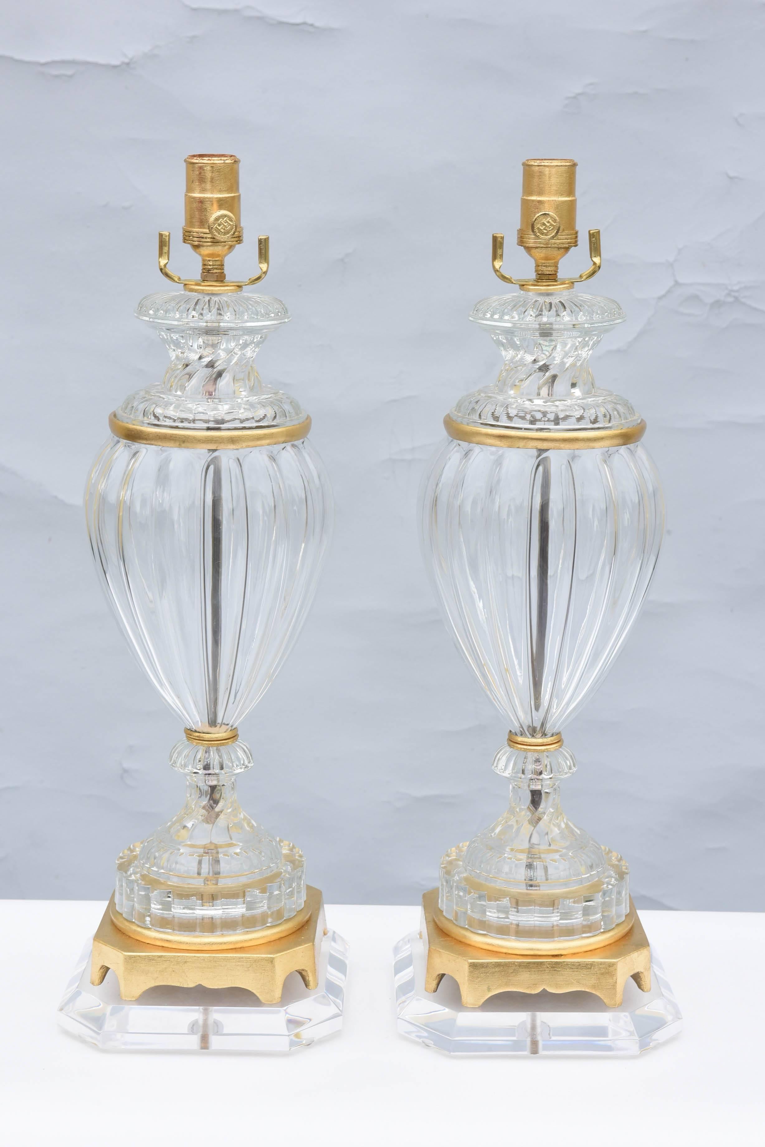Pair of Baccarat Form Glass Urn-Form Lamps on Lucite 3