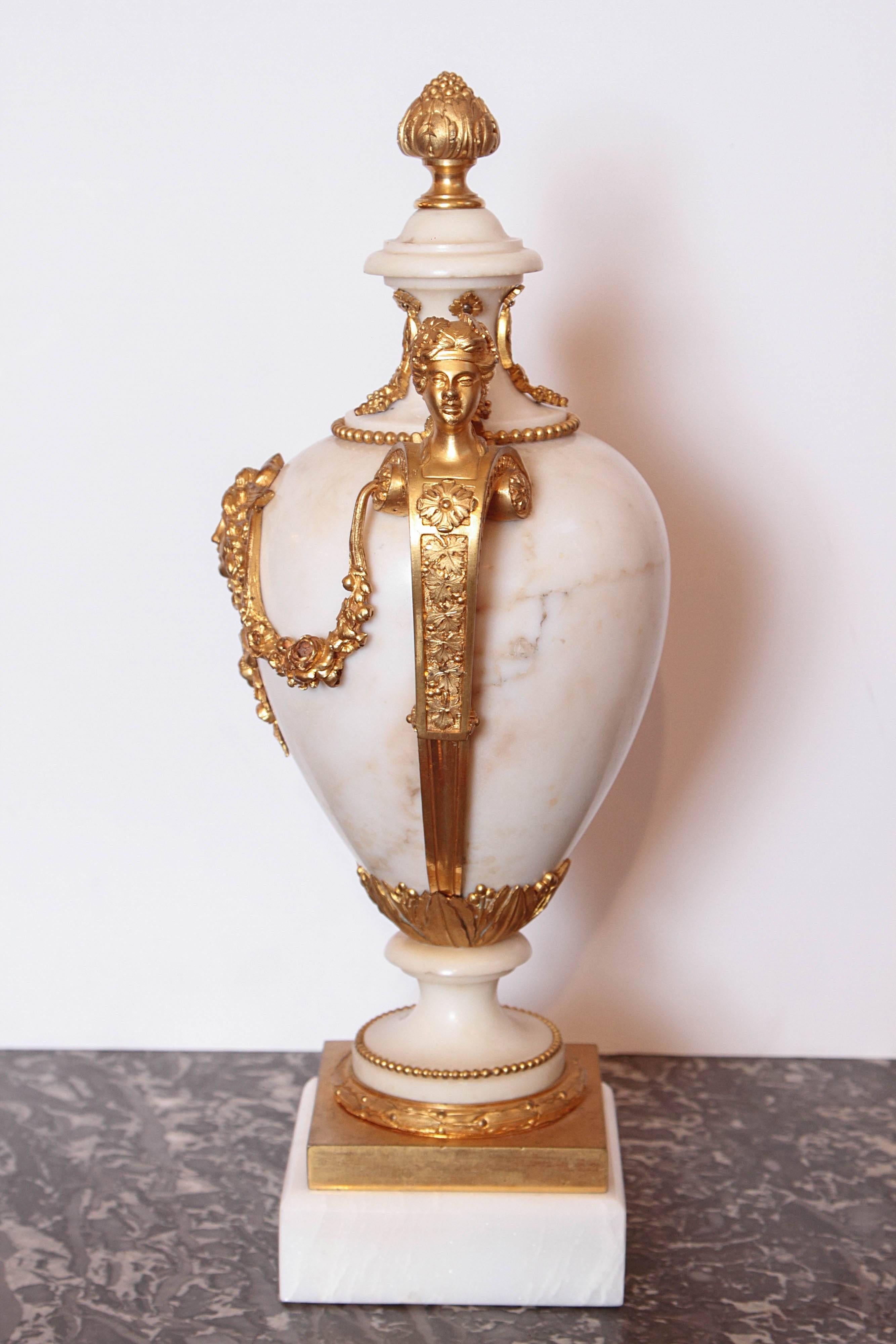 Belle Époque Pair of 19th Century French Carrera Marble and Gilt Bronze Urns