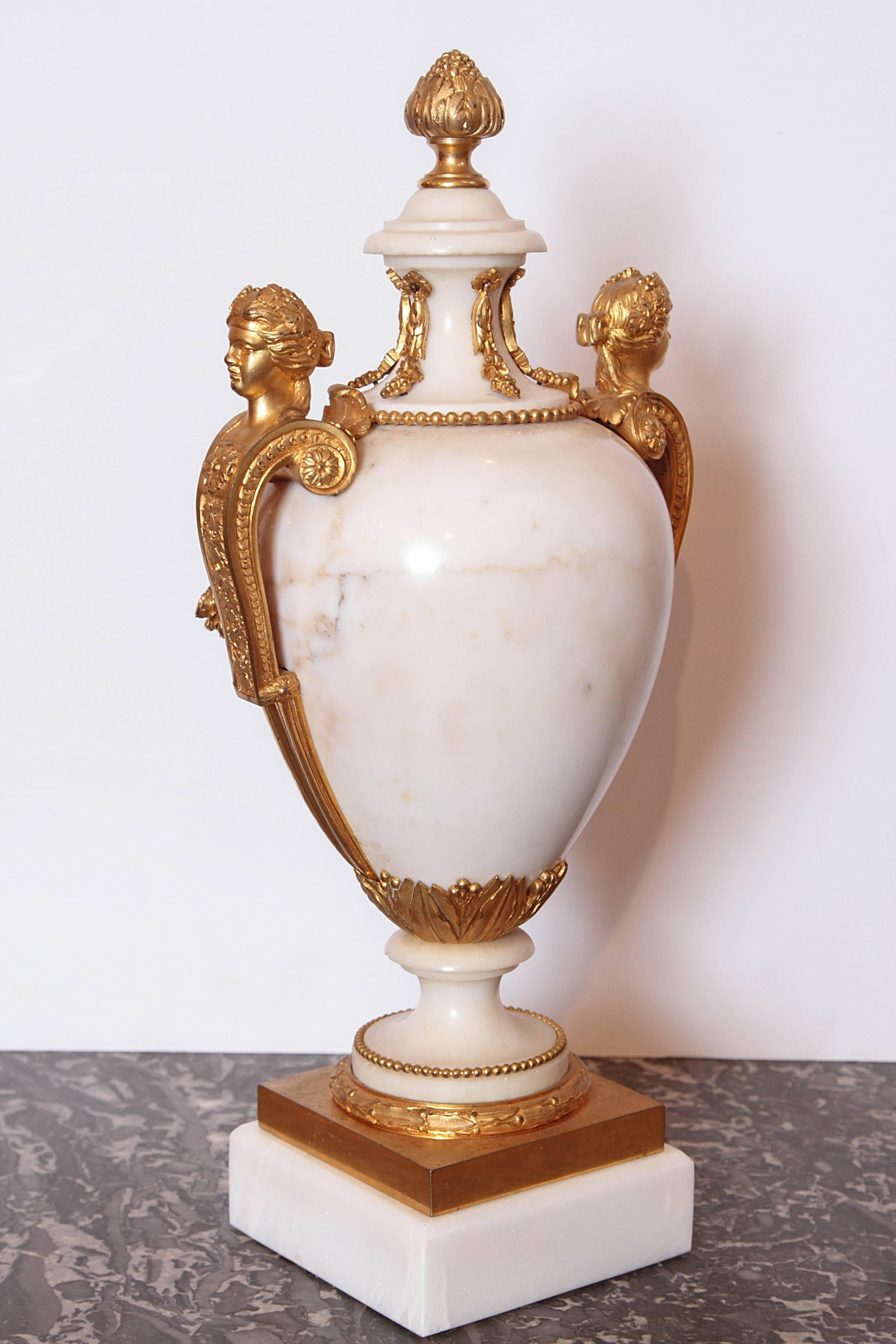 European Pair of 19th Century French Carrera Marble and Gilt Bronze Urns
