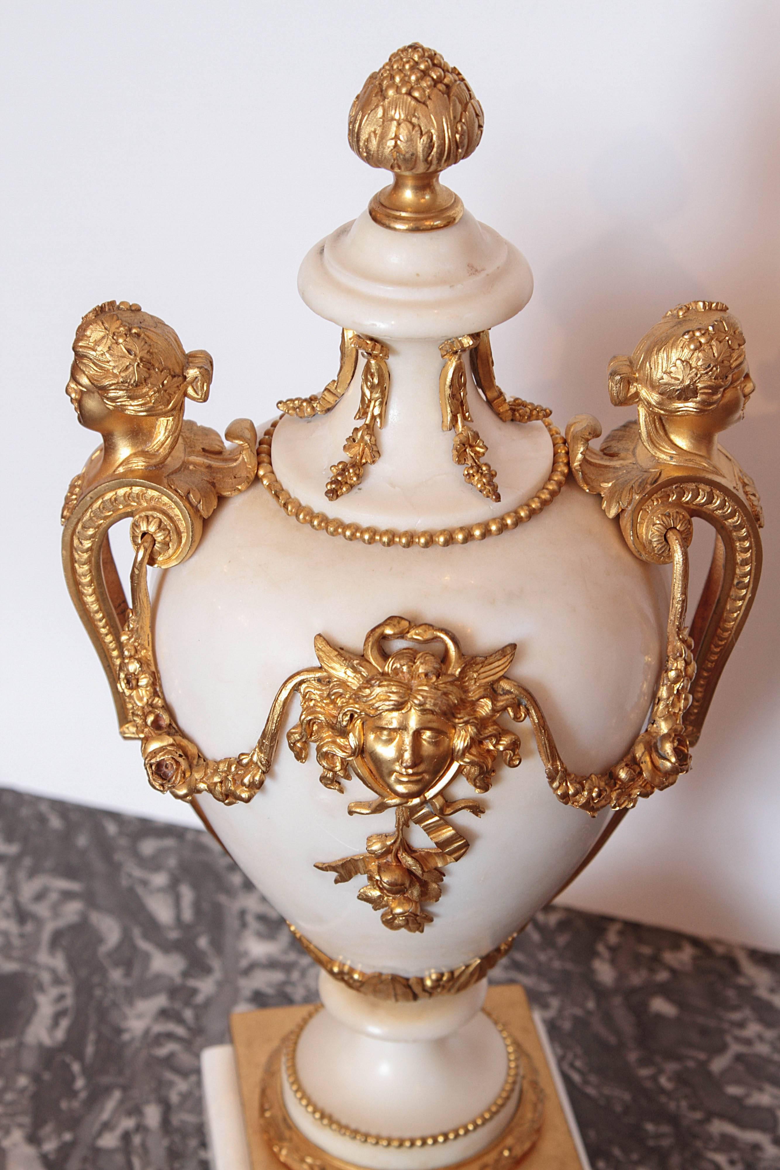 Carrara Marble Pair of 19th Century French Carrera Marble and Gilt Bronze Urns