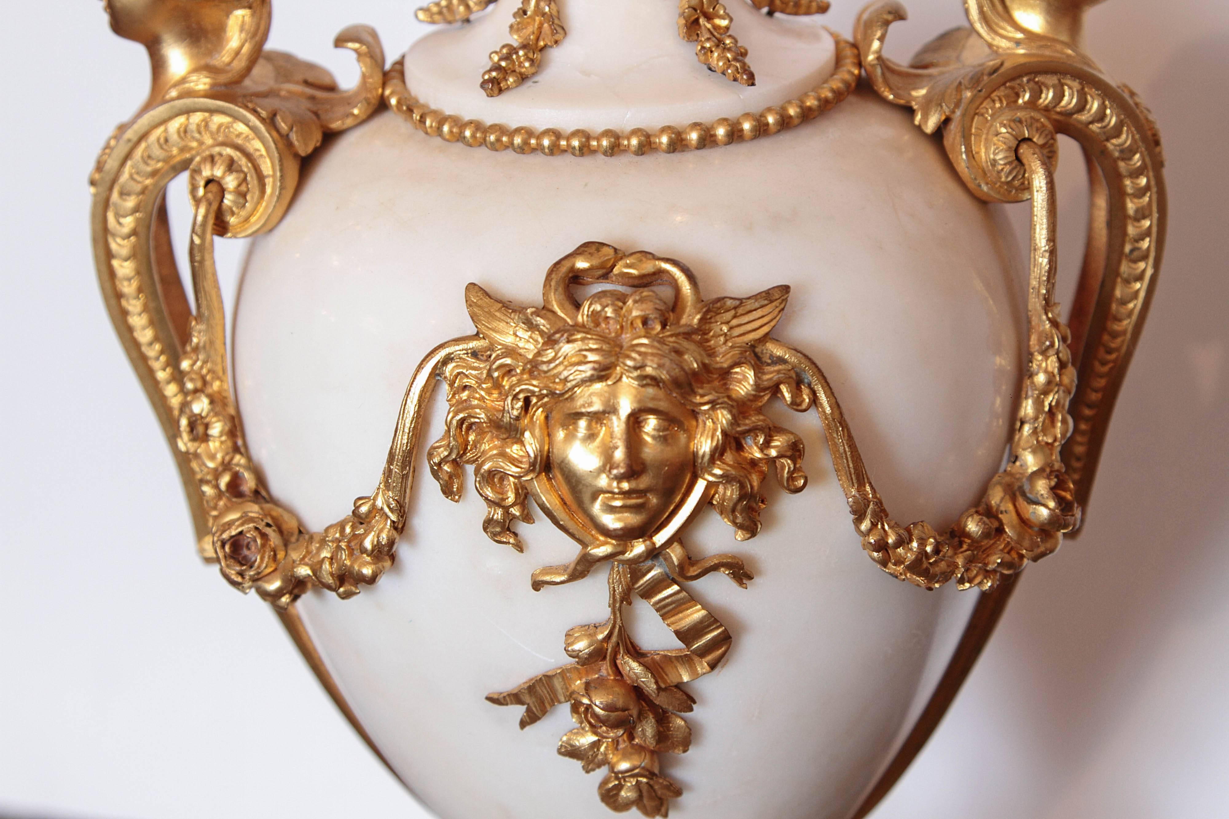 Pair of 19th Century French Carrera Marble and Gilt Bronze Urns 2