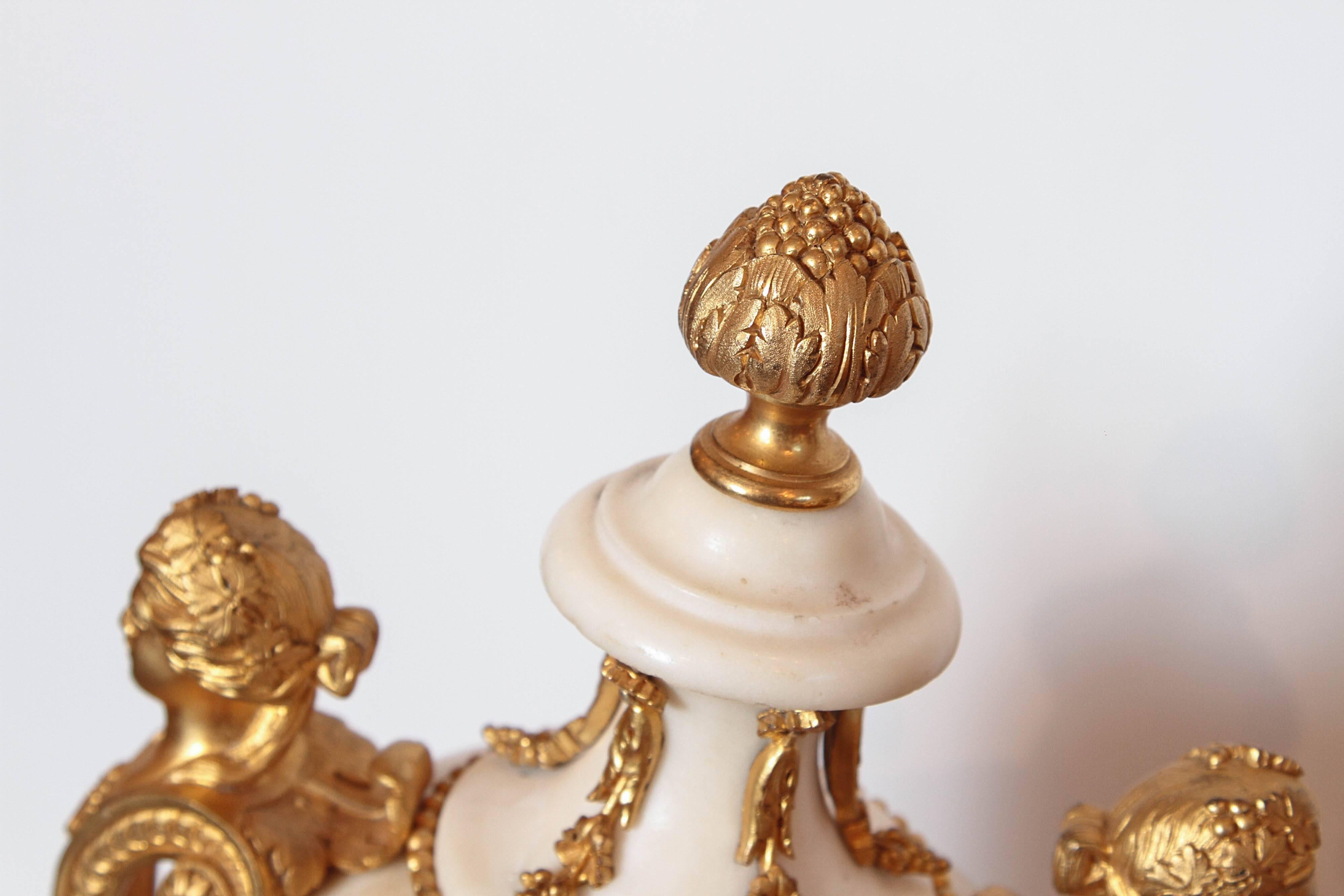 Pair of 19th Century French Carrera Marble and Gilt Bronze Urns 3