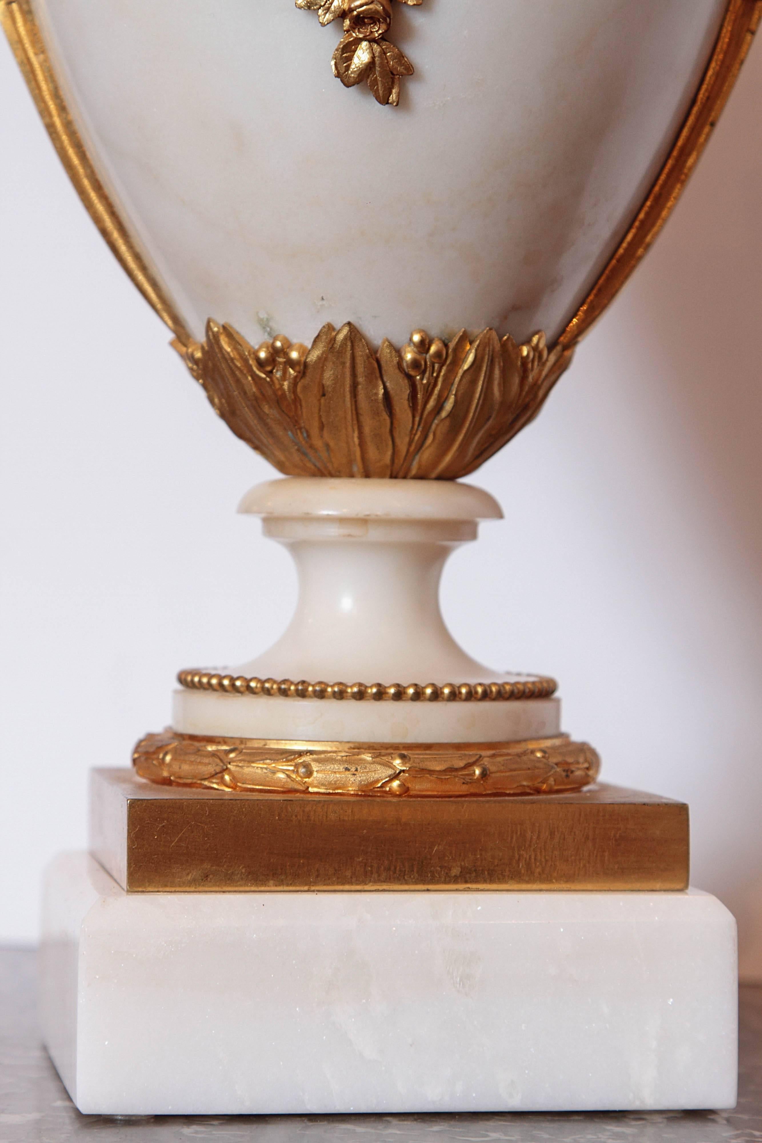 Pair of 19th Century French Carrera Marble and Gilt Bronze Urns 4