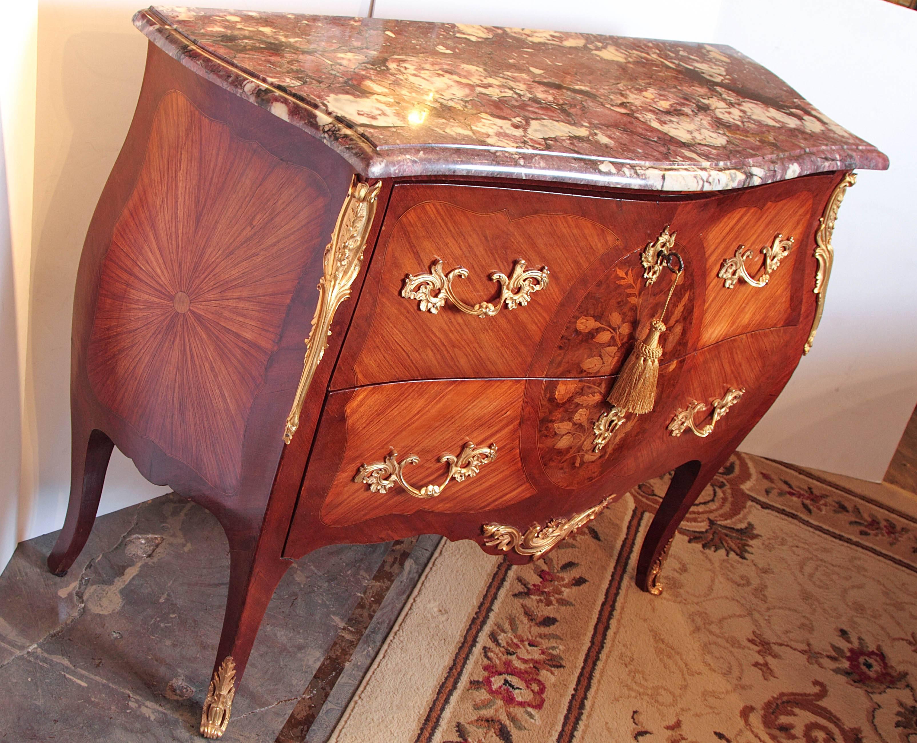 19th Century French Louis XV Marquetry Marble-Top Commodes 1