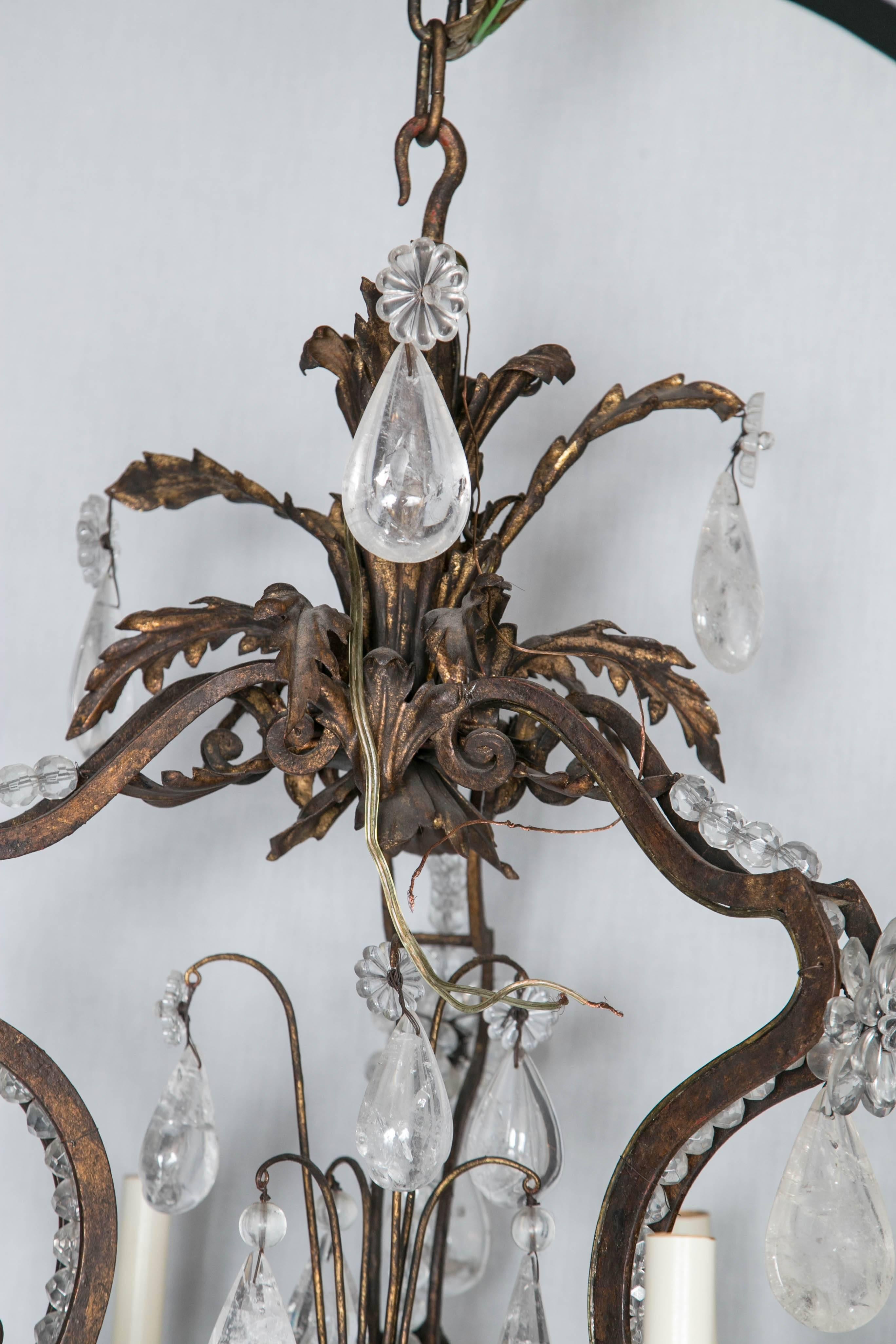 Hand-Crafted French Iron and Rock Crystal Six-Light Chandelier For Sale
