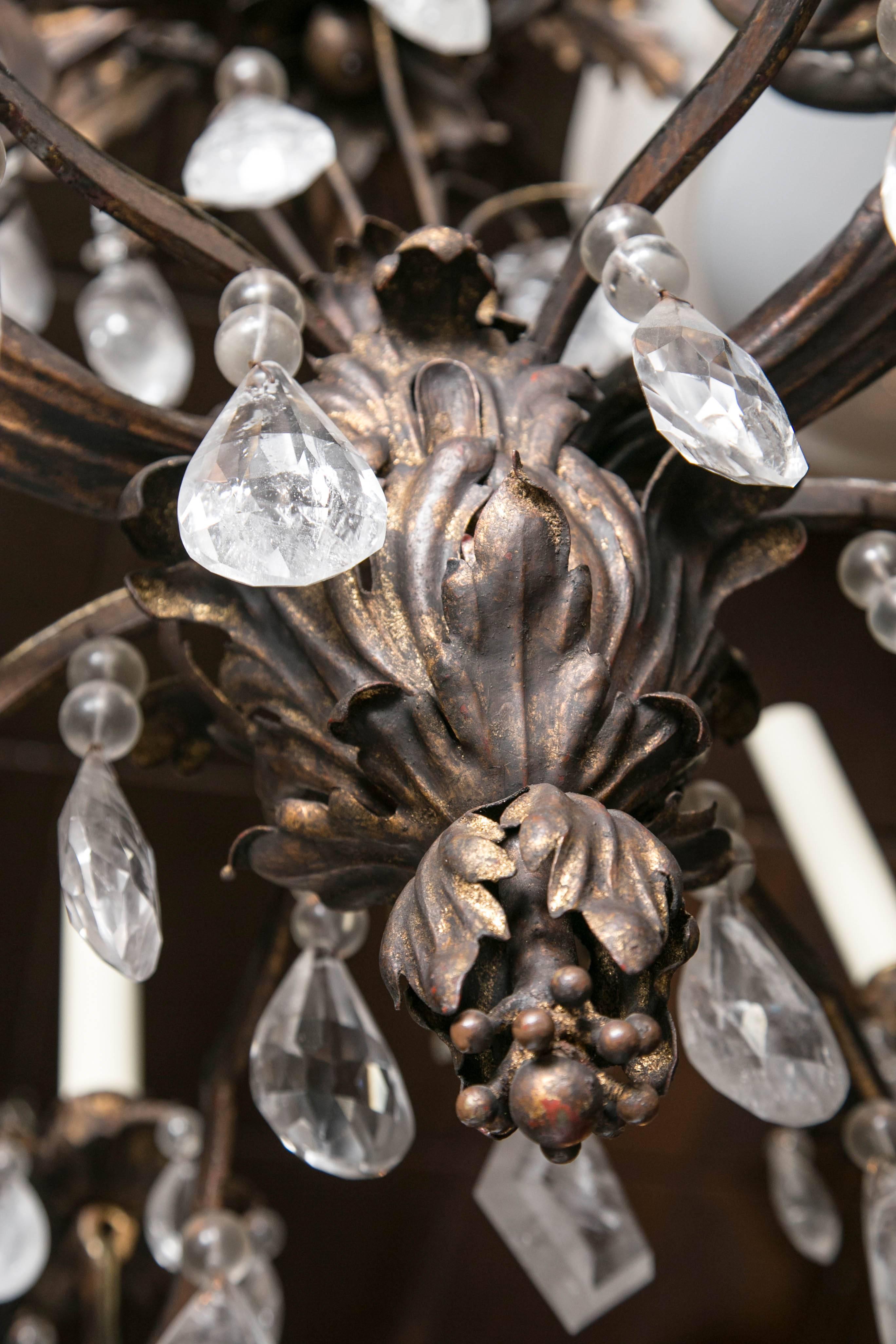 French Iron and Rock Crystal Six-Light Chandelier In Excellent Condition For Sale In Woodbury, CT